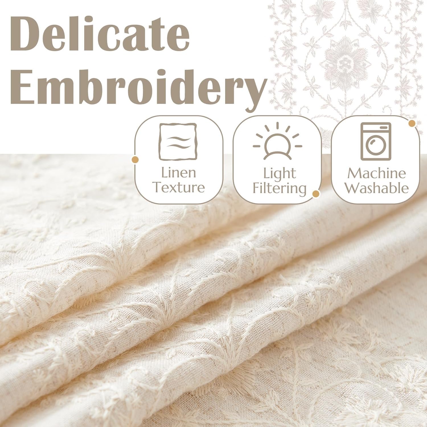 jinchan Weslie Boho Curtains for Bedroom Ivory Vintage Floral Farmhouse Curtains 84 Inches Long Linen Drapes for Living Room Embroidered Light Filtering Drapes Rod Pocket Ivory on Beige 2 Panels