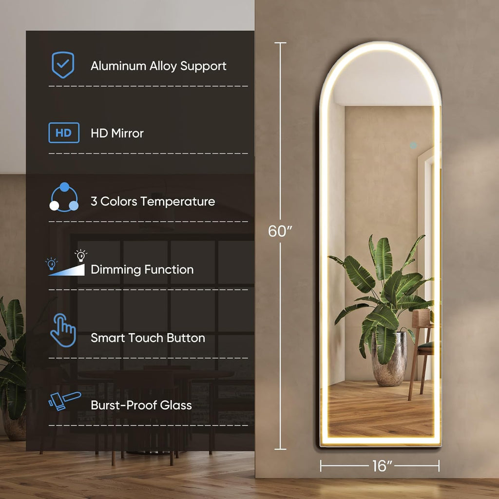 DUMOS Arched LED Mirror Full Length with Stand, 16"x60" Full Body Wall Mirror with LED Lights 3 Color Lighting, Hanging or Leaning, Floor Standing, Modern Simple Home Wall Decor