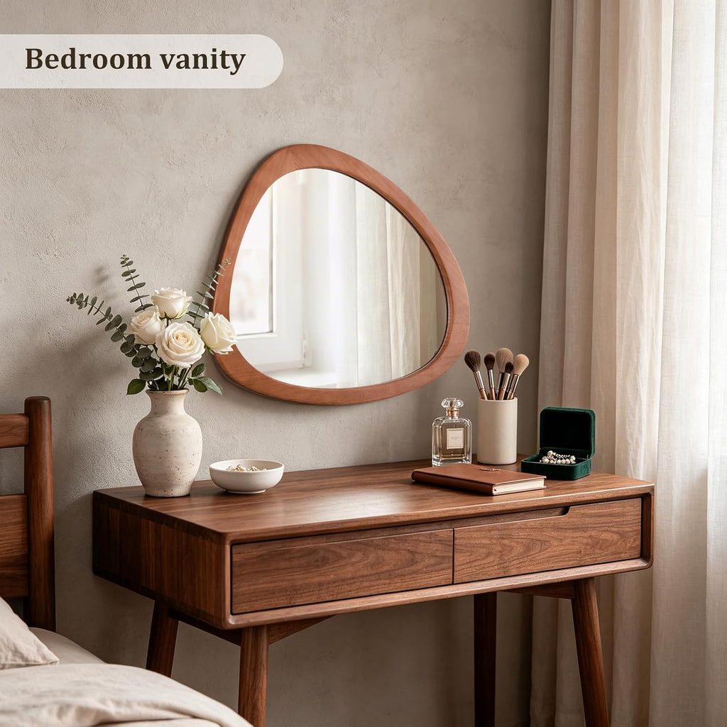 HOMECOOKIN 23.5" H x 19" W Asymmetrical Mirror, Irregular Wooden Wall Mirror for Bedroom, Living Room,Entryway– Mid-Century Modern Decorative Mirror, Solid Wood Frame, Pebble Shaped Design (Walnut)
