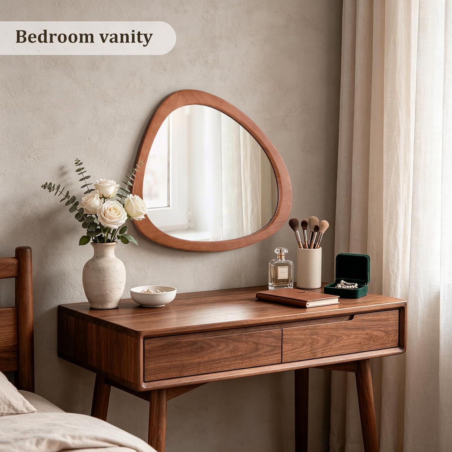 HOMECOOKIN 23.5" H x 19" W Asymmetrical Mirror, Irregular Wooden Wall Mirror for Bedroom, Living Room,Entryway– Mid-Century Modern Decorative Mirror, Solid Wood Frame, Pebble Shaped Design (Walnut)