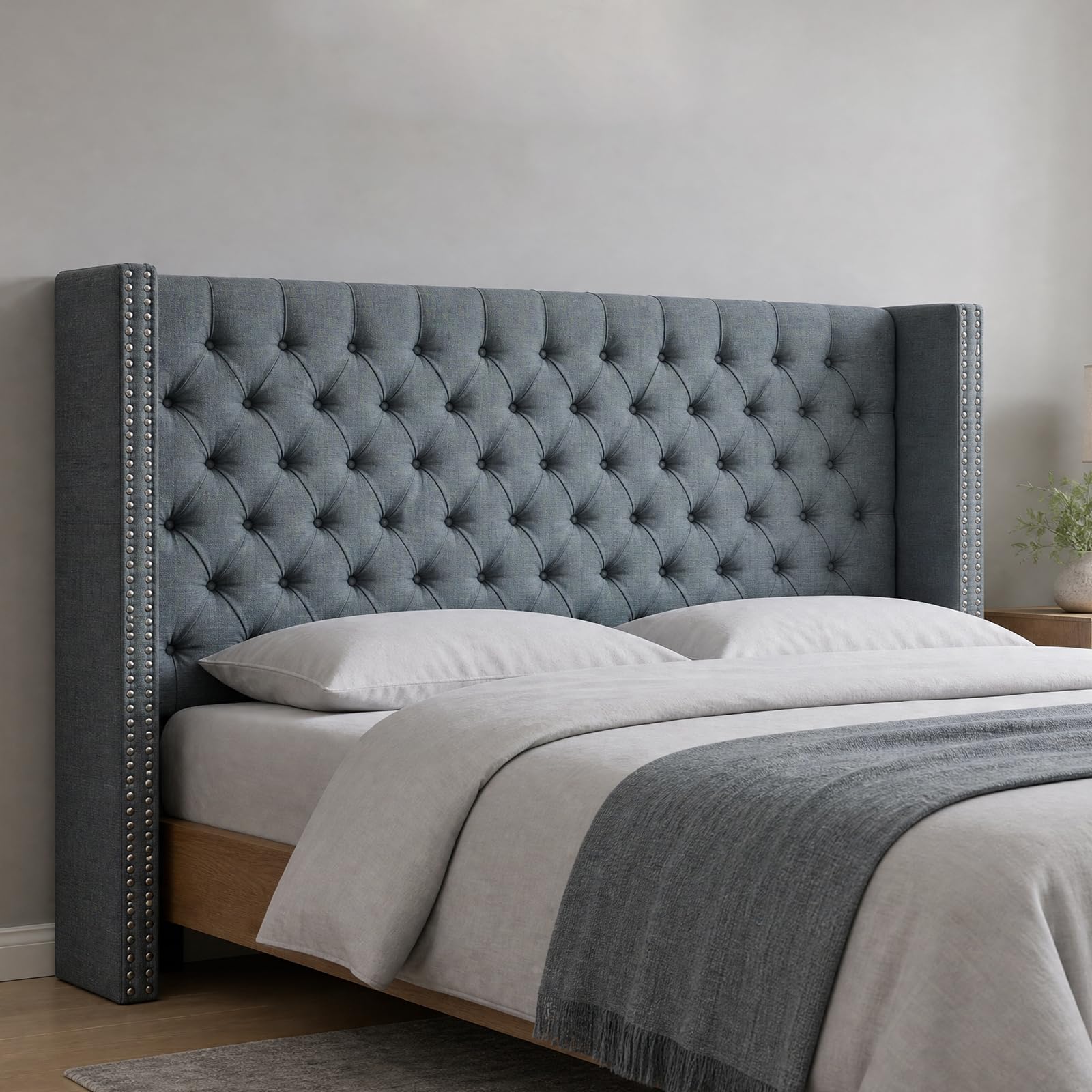 Madison Park Amelia Upholstered Headboard | Nail Head Trim Wingback Button Tufted | Queen, Cream