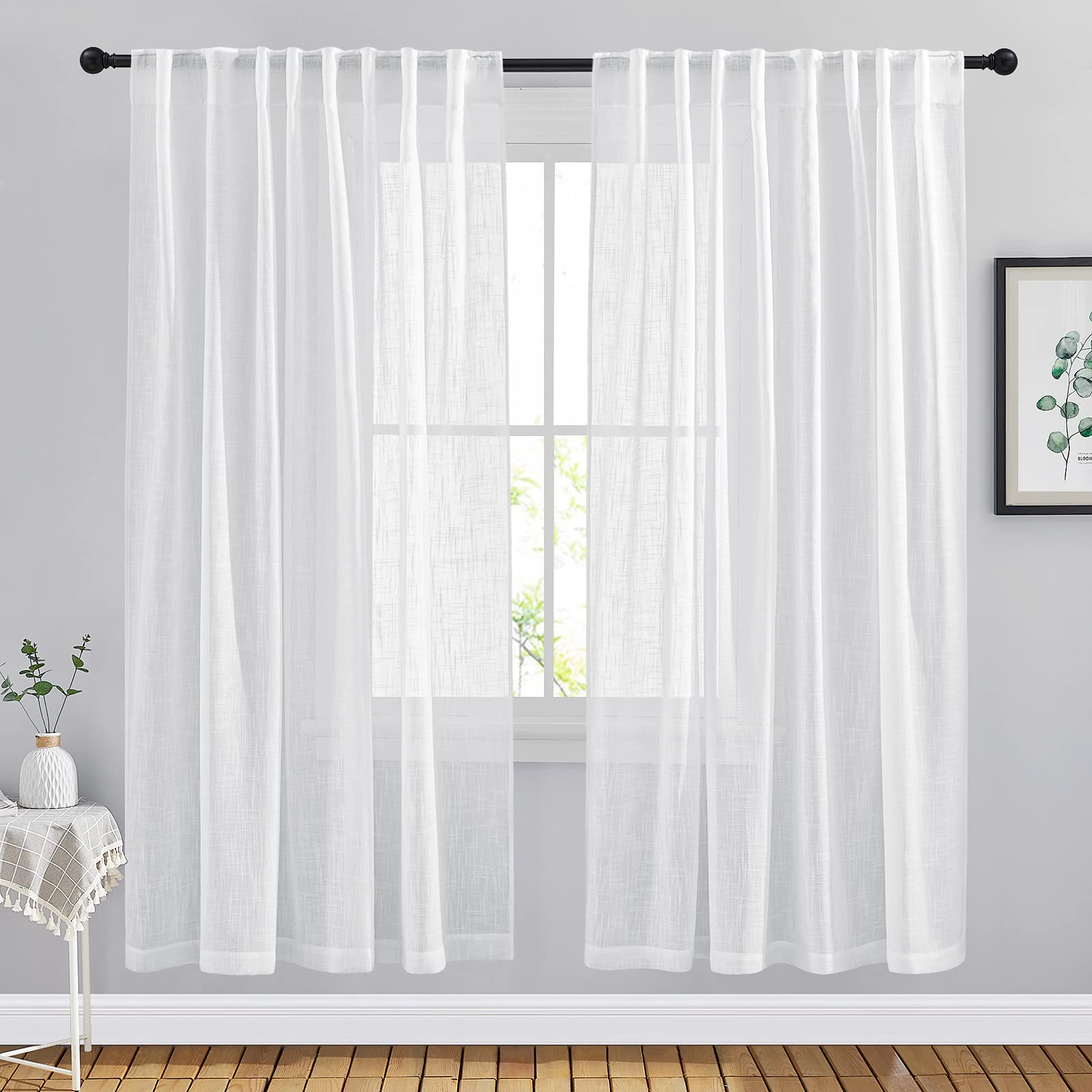 NICETOWN 120 inch Curtains Linen Blend for Bedroom, Rod Pocket & Back Tab Natural Linen Burlap Semi Sheer Window Treatments Privacy with Light Filtering for Living Room, W52 x L120, 2 Panels