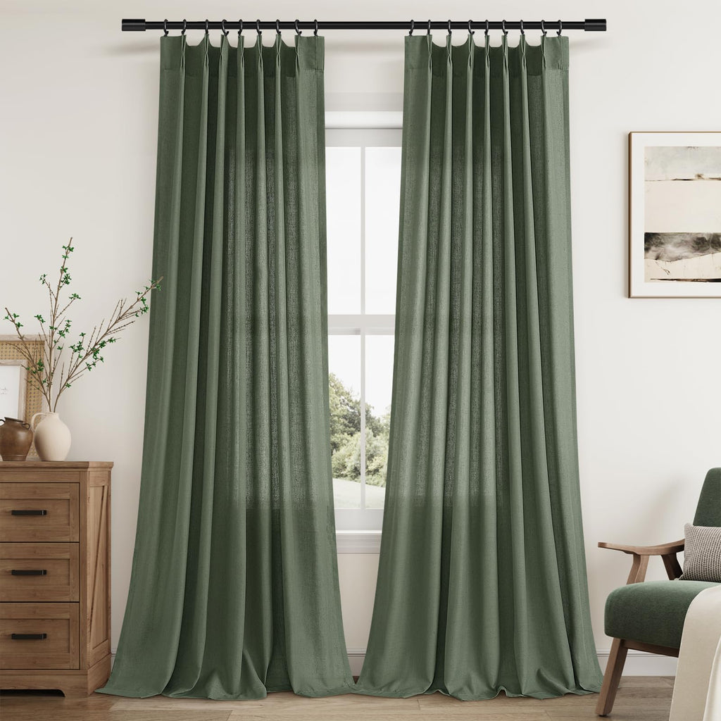 Extra Long Linen Curtains 108 Inch for Living Room Cream Pinch Pleated 9 FT Drapes Semi Sheer Ceiling to Floor Curtain for Bedroom Back Tab Flax Neutral Boho Decor Window, Natural Beige Ivory 2 Panels