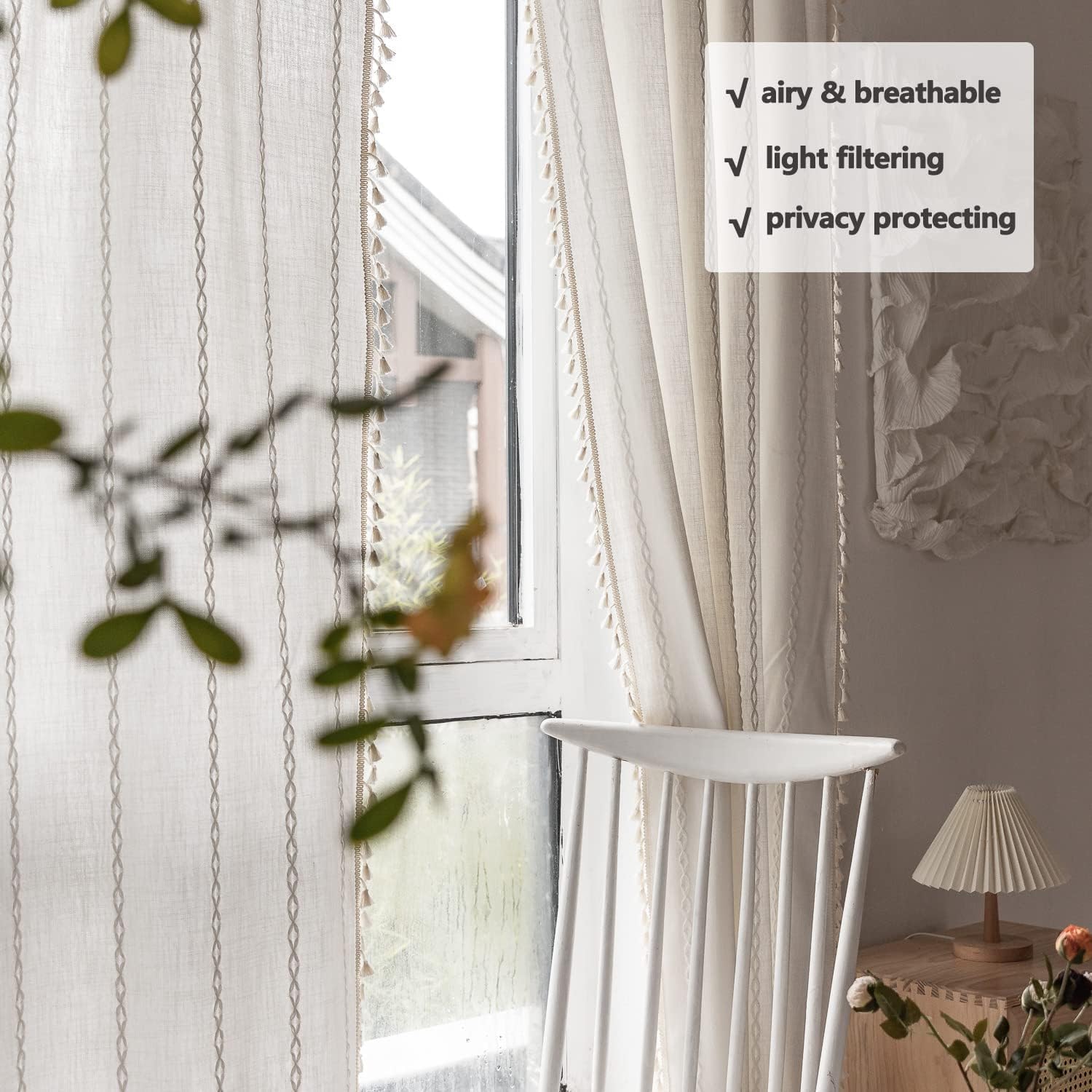 Boho Curtains Semi-Blackout 84 Inch 2 Panels for Living Room, Linen Tassels Farmhouse Curtains with Embroidery for Bedroom Rod Pocket Draperies 52" W x 84" L, Off White