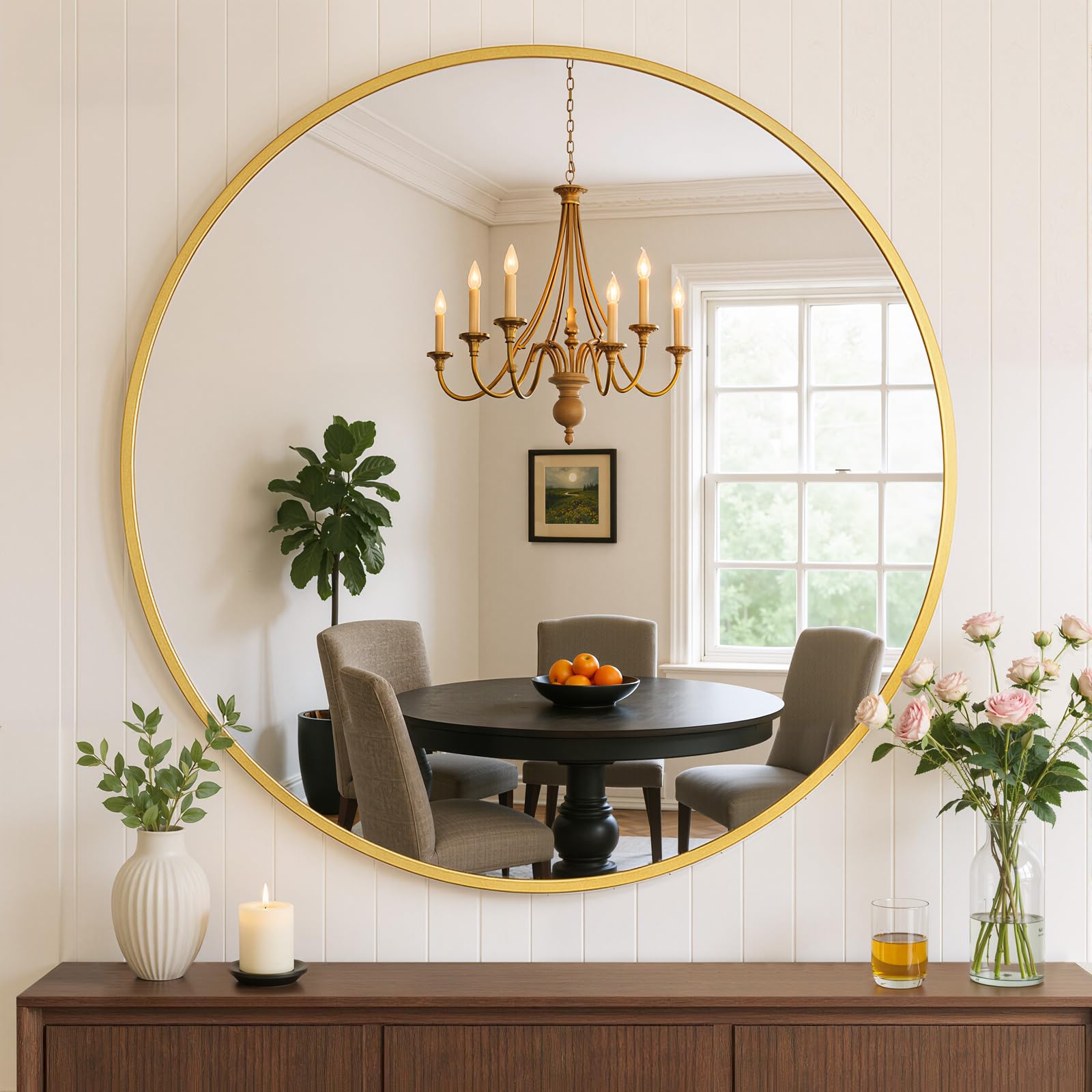Bathroom Mirror for Wall, 24 Inch Round Mirror, Matte Black Metal Framed Circle Vanity Mirror for Bathroom Bedroom Living Room Entryway, Anti-Rust, Tempered Glass, Hanging or Leaning