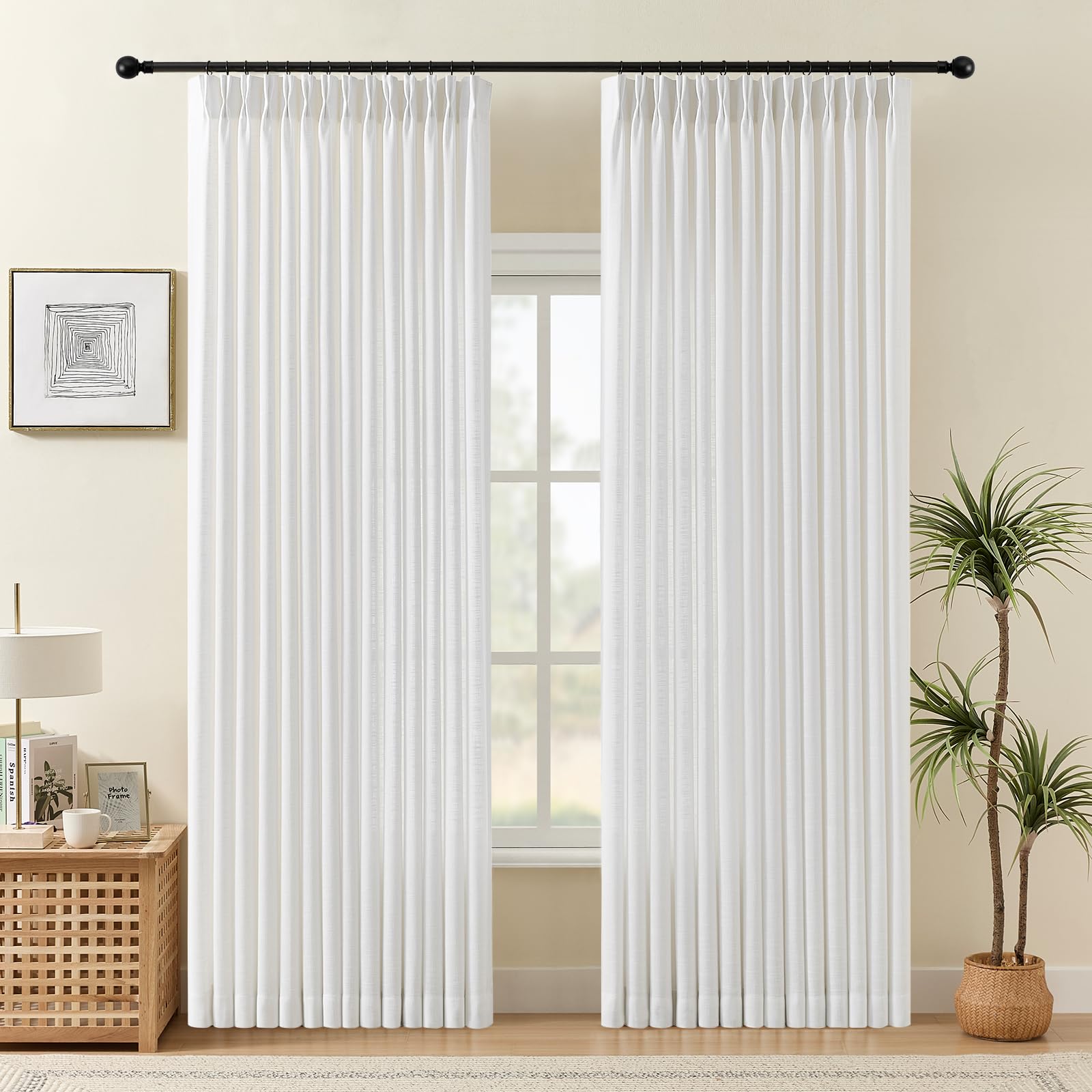 Pinch Pleated Linen Curtains 84 Inch Length 2 Panels Set, Light Filtering Linen Blend Sheer Drapes Memory Trained Pleated Curtain Back Tab with Hooks Rings for Living Room Bedroom, Natural, W40xL84