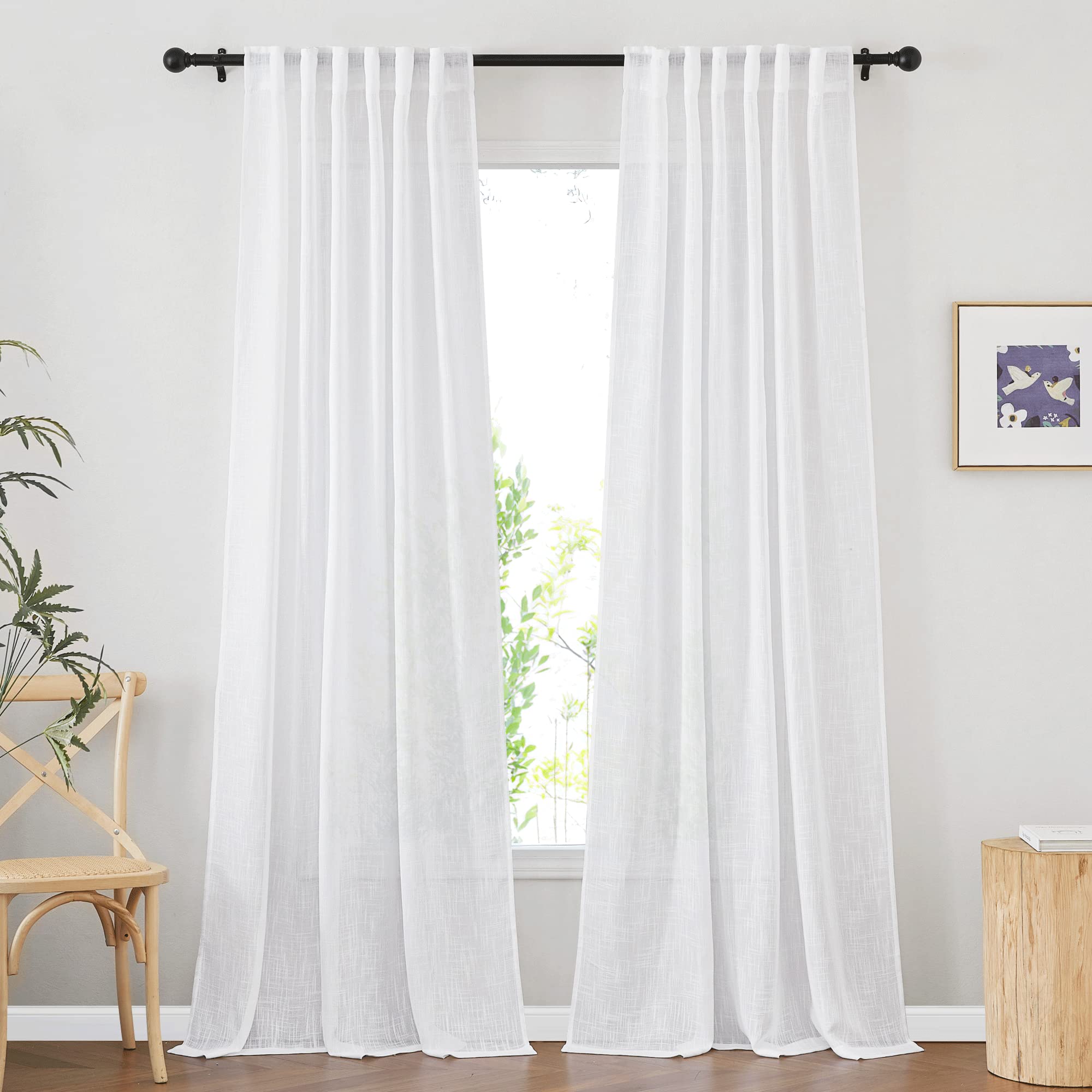 NICETOWN 120 inch Curtains Linen Blend for Bedroom, Rod Pocket & Back Tab Natural Linen Burlap Semi Sheer Window Treatments Privacy with Light Filtering for Living Room, W52 x L120, 2 Panels