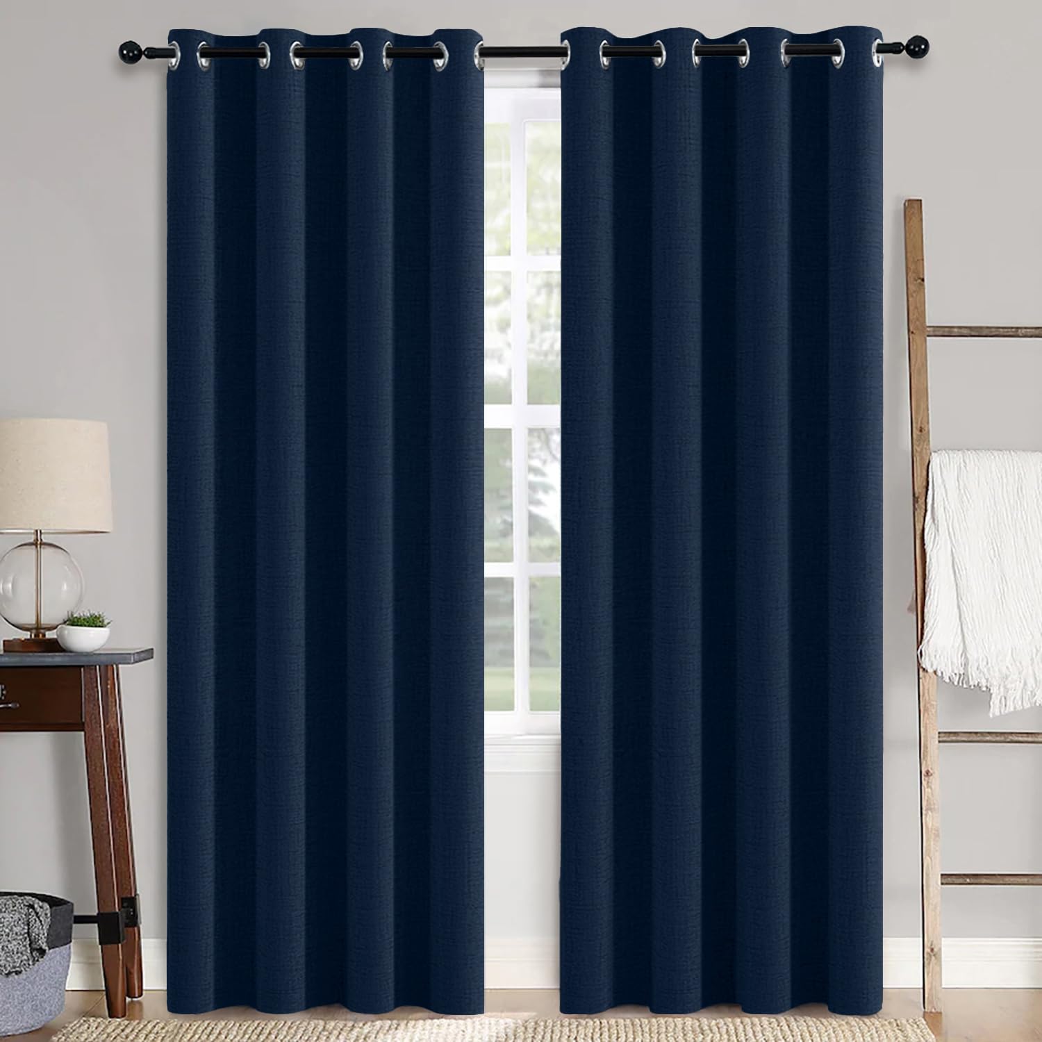 MIULEE Linen Texture Curtains for Bedroom Solid 100% Blackout Thermal Insulated Dusty Blue Curtains Grommet Room Darkening Drapes Luxury Decor for Living Room Nursery 52x84 Inch (2 Panels)