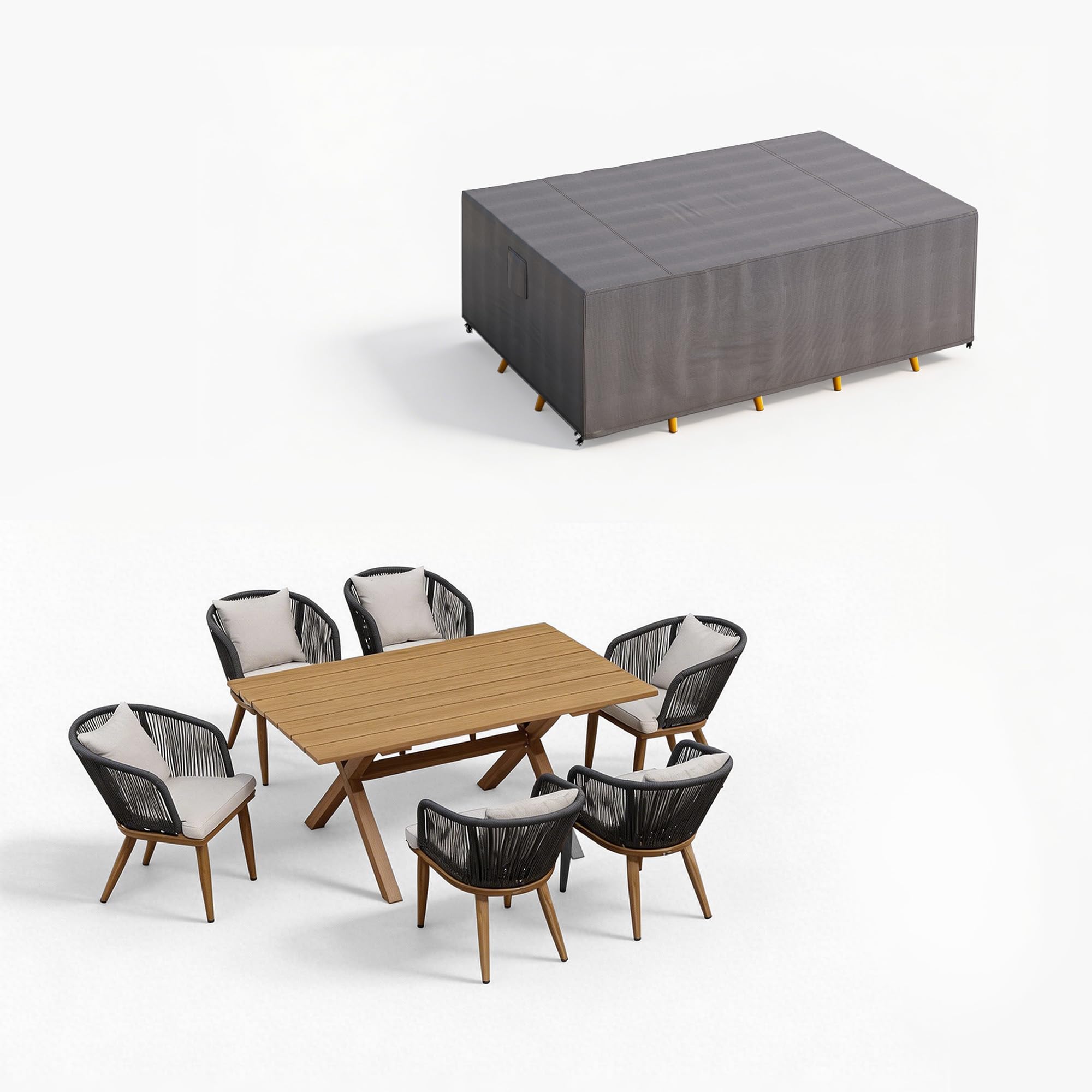 PURPLE LEAF 9 Pieces Patio Dining Set Wicker Outdoor Furniture Rectangular Table and Chairs Set for Garden Deck Teak-Finish Aluminum Frame Backyard Kitchen Set, Cushions and Pillows Included