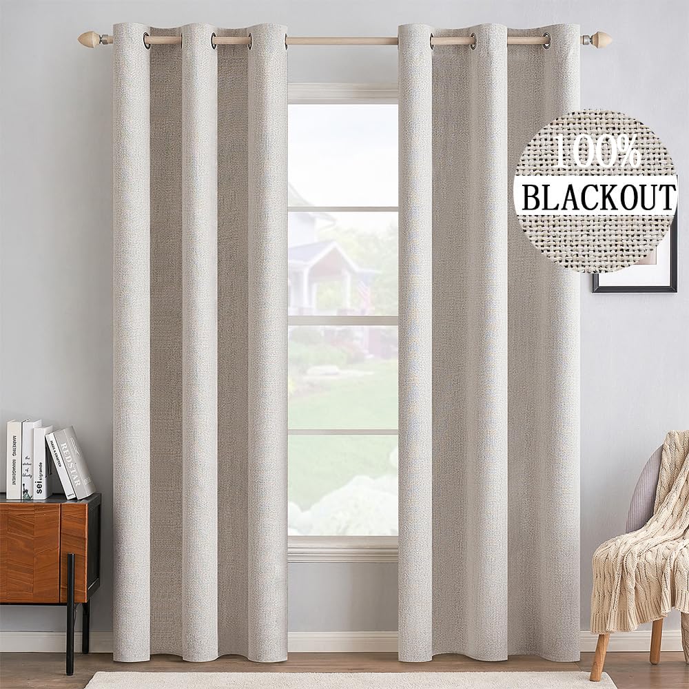 MIULEE Linen Texture Curtains for Bedroom Solid 100% Blackout Thermal Insulated Dusty Blue Curtains Grommet Room Darkening Drapes Luxury Decor for Living Room Nursery 52x84 Inch (2 Panels)