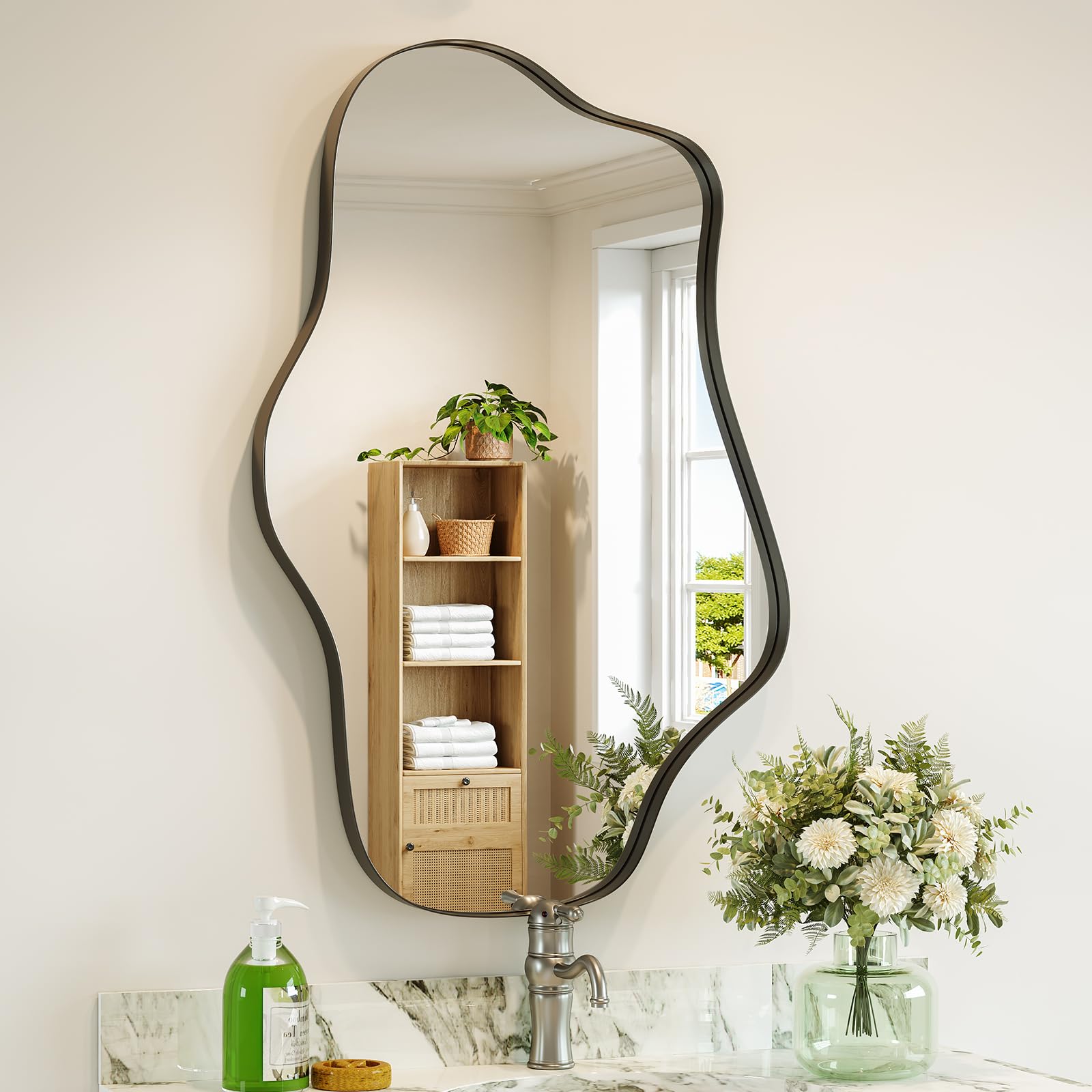 Irregular Wall Mirror, 20” x 36” Black Wavy Mirror with Modern Shaped, Asymmetrical Mirrors for Decorative Bathroom, Entryways, Living Room, Vanity