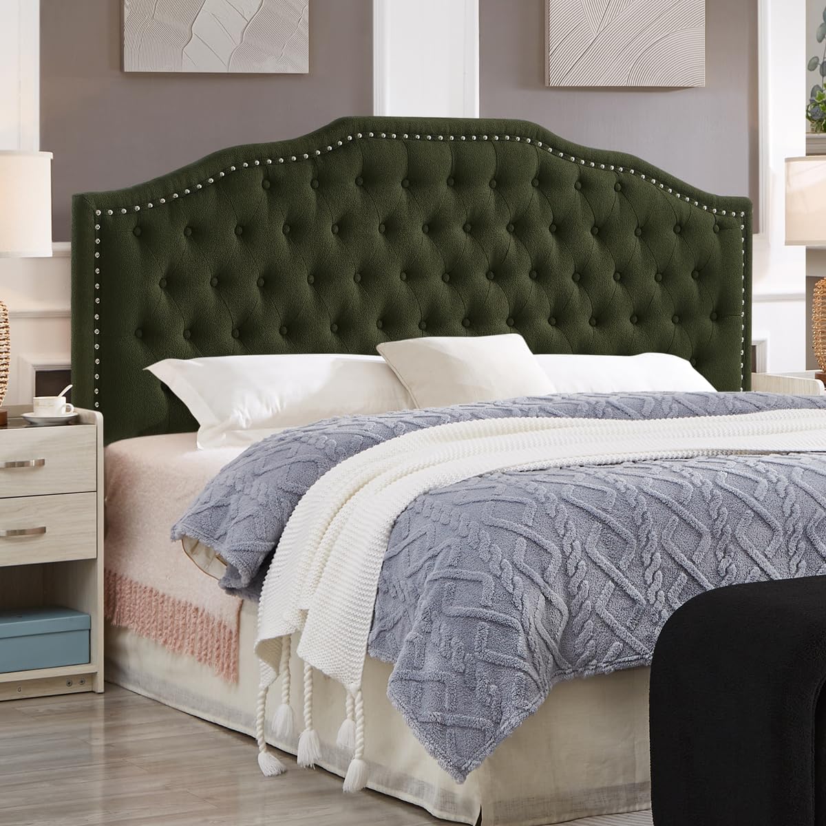 24KF Upholstered Button Tufted Queen Headboard with Nailhead Trim, Elegant Boucle Fabric Full headboard, 6031-Q-Boucle-Ivory
