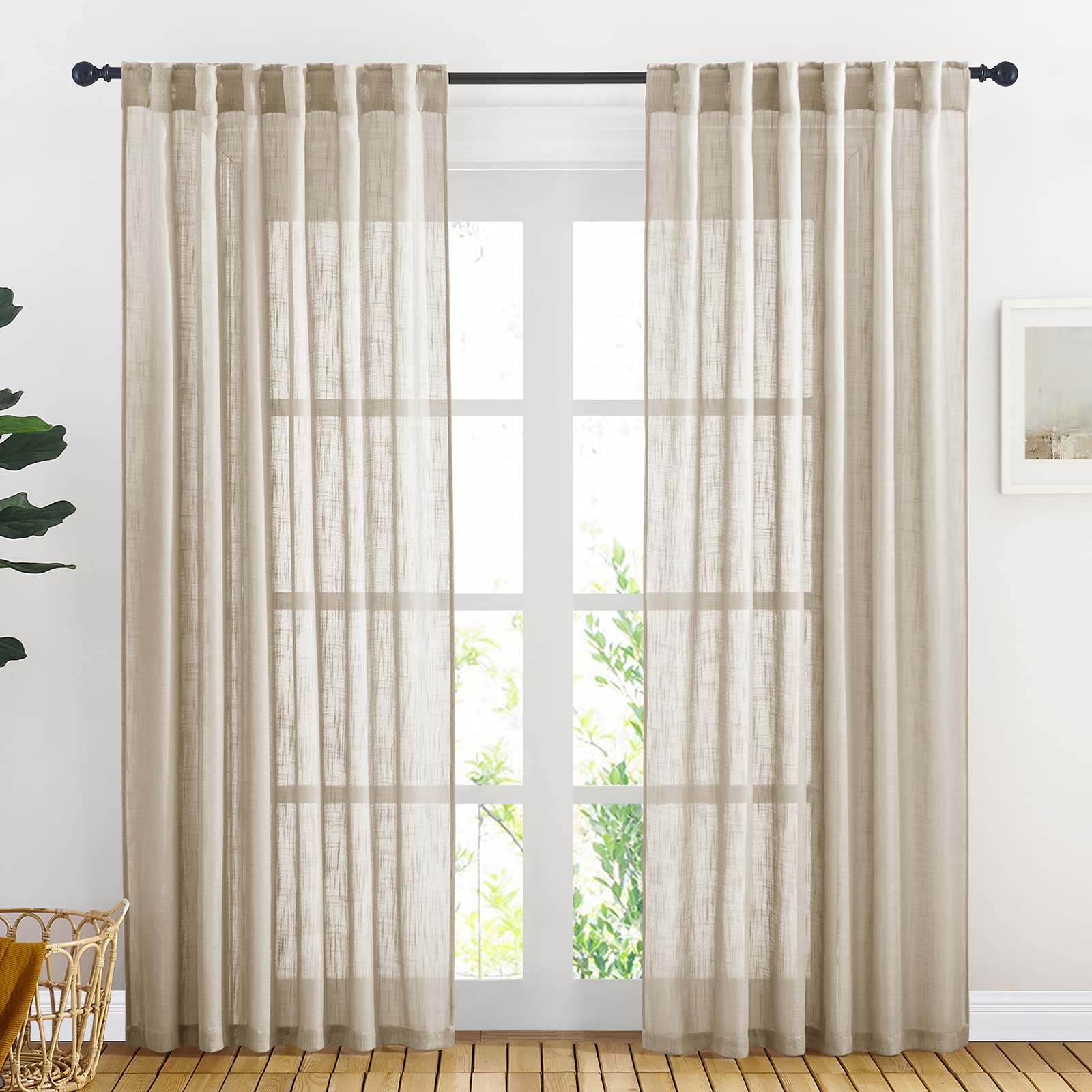 NICETOWN 120 inch Curtains Linen Blend for Bedroom, Rod Pocket & Back Tab Natural Linen Burlap Semi Sheer Window Treatments Privacy with Light Filtering for Living Room, W52 x L120, 2 Panels