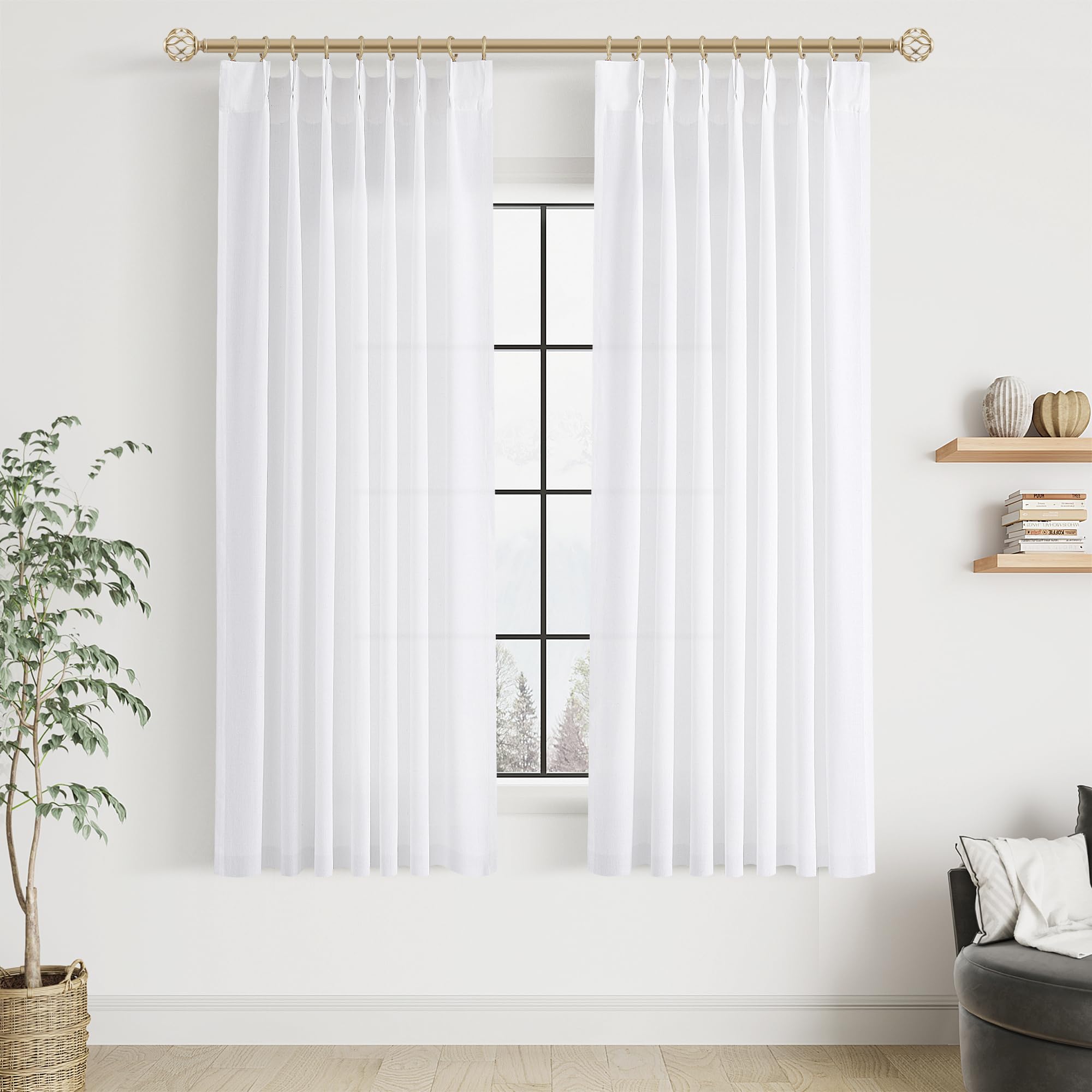 Extra Long Linen Curtains 108 Inch for Living Room Cream Pinch Pleated 9 FT Drapes Semi Sheer Ceiling to Floor Curtain for Bedroom Back Tab Flax Neutral Boho Decor Window, Natural Beige Ivory 2 Panels