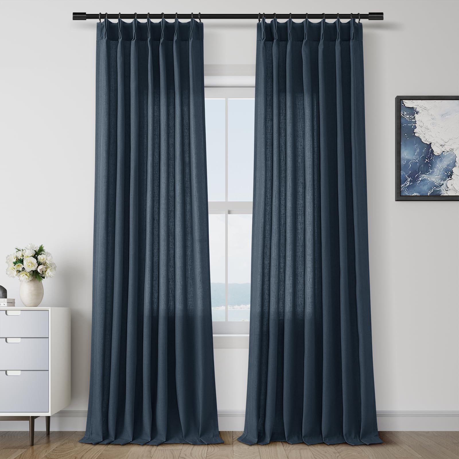 Extra Long Linen Curtains 108 Inch for Living Room Cream Pinch Pleated 9 FT Drapes Semi Sheer Ceiling to Floor Curtain for Bedroom Back Tab Flax Neutral Boho Decor Window, Natural Beige Ivory 2 Panels