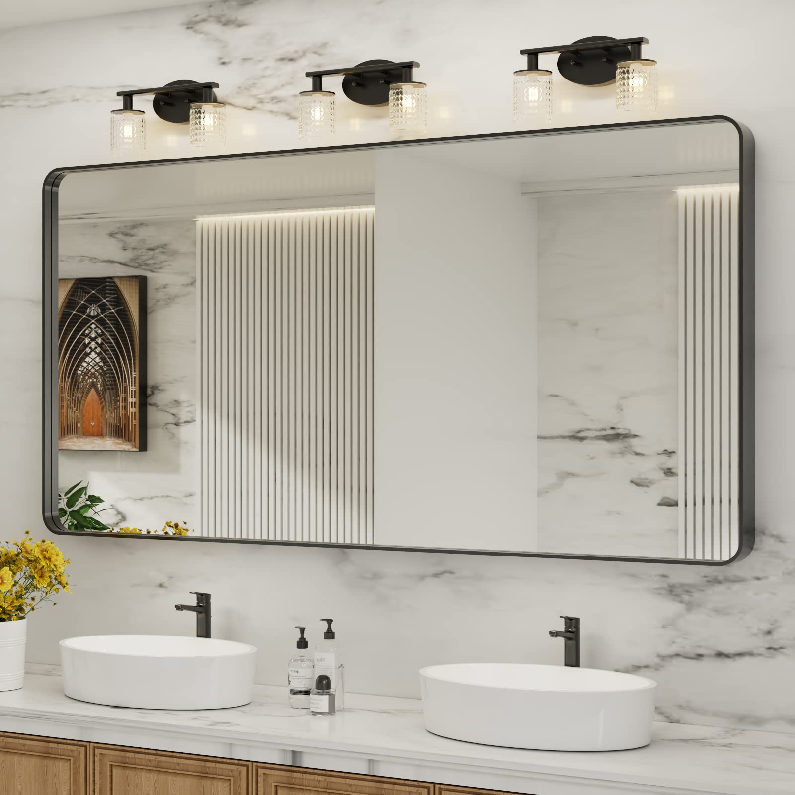 LOAAO Black Metal Framed Bathroom Mirror for Wall, 22X30 Inch Rounded Rectangle Mirror, Matte Black Bathroom Vanity Mirror Farmhouse, Anti-Rust, Hangs Horizontally or Vertically