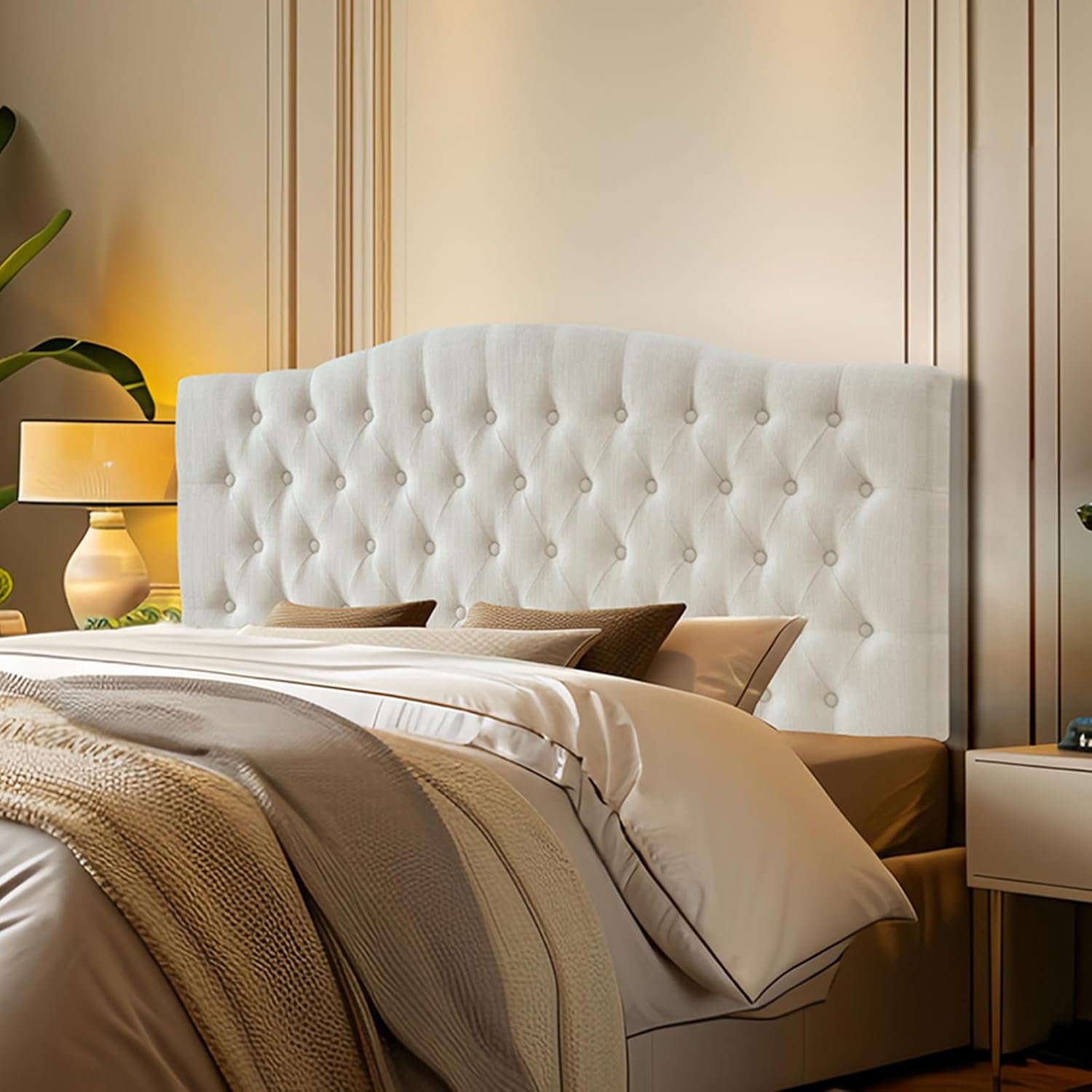 Furpopup Linen Upholstered Headboard Queen/Full Size Bed Tufted Button Headboard, Featuring High-Density Sponge Padding, Luxury Texture Easy Assembly Comfort and Style-Ivory