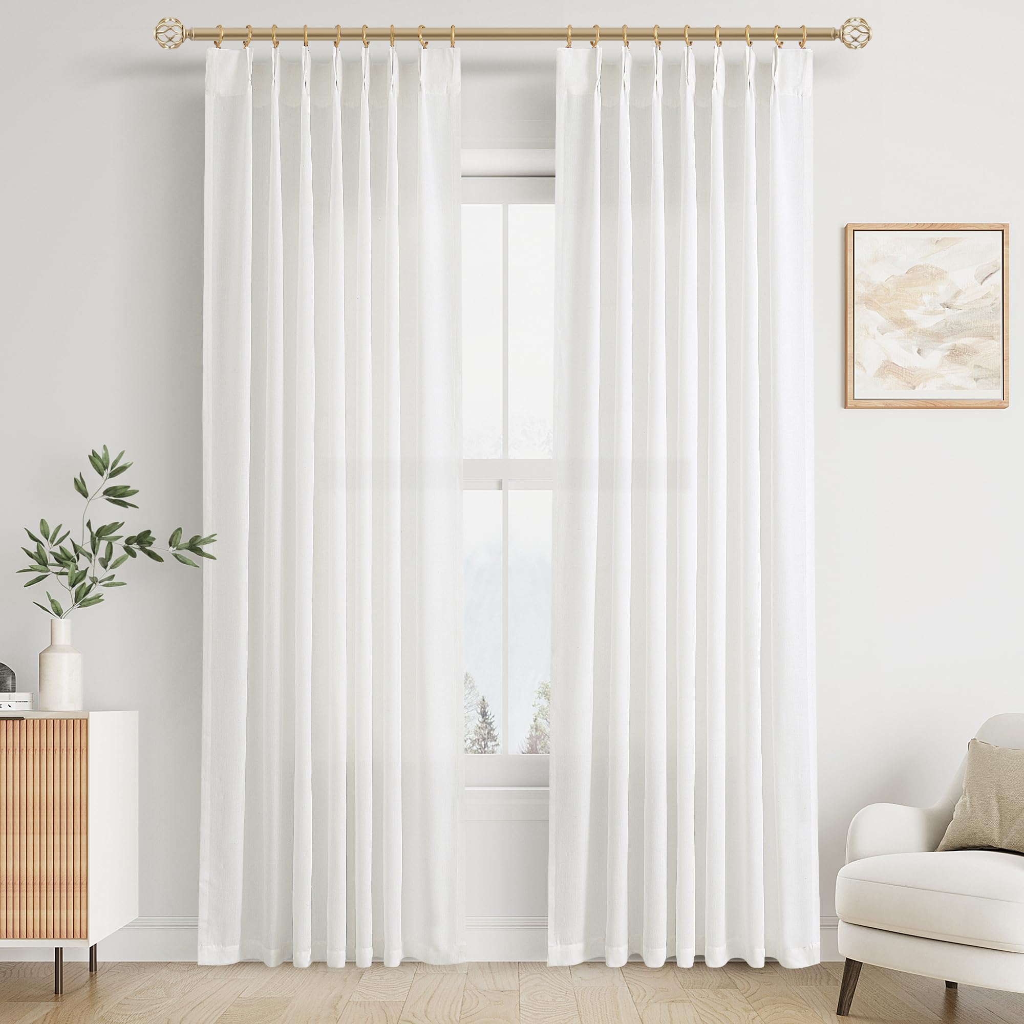 Extra Long Linen Curtains 108 Inch for Living Room Cream Pinch Pleated 9 FT Drapes Semi Sheer Ceiling to Floor Curtain for Bedroom Back Tab Flax Neutral Boho Decor Window, Natural Beige Ivory 2 Panels
