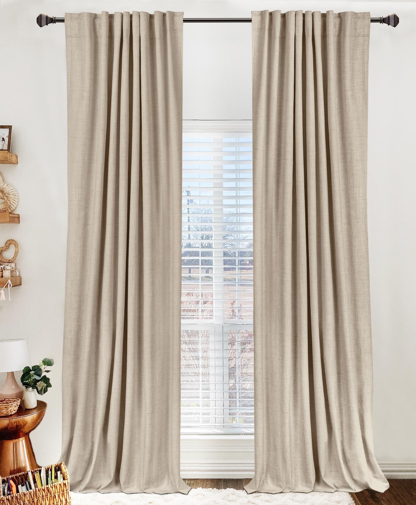 100% Blackout Shield Linen Blackout Curtains for Bedroom 90 Inches Long, Back Tab/Rod Pocket Living Room Drapes, Thermal Insulated Blackout Curtains 2 Panels Set, 50" W x 90" L,Cream