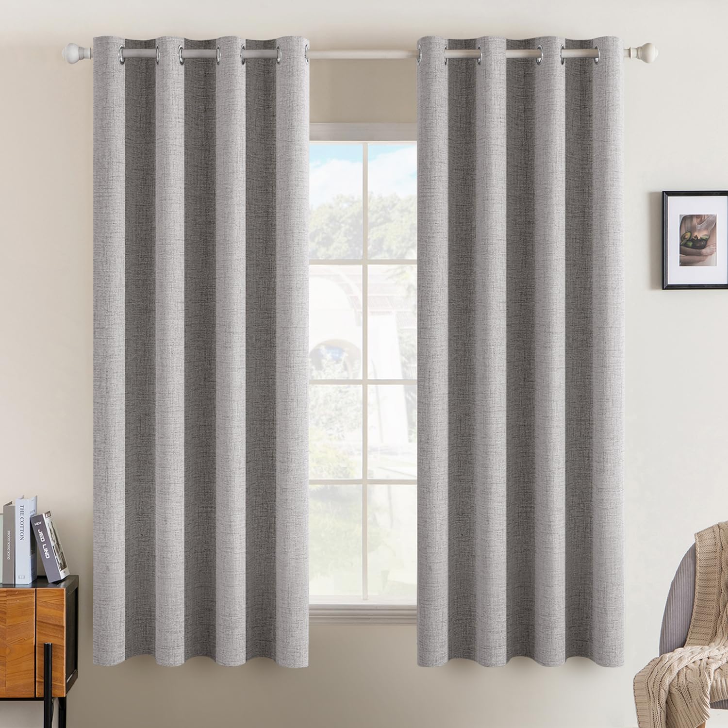MIULEE Linen Texture Curtains for Bedroom Solid 100% Blackout Thermal Insulated Dusty Blue Curtains Grommet Room Darkening Drapes Luxury Decor for Living Room Nursery 52x84 Inch (2 Panels)