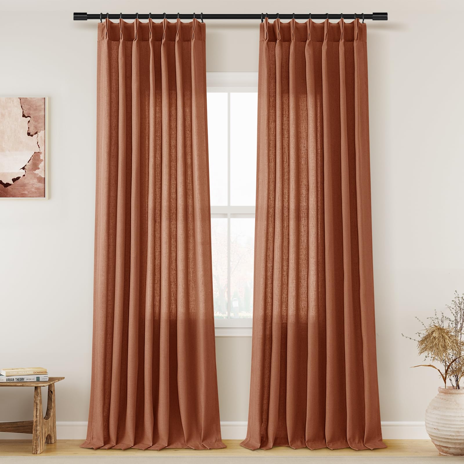 Extra Long Linen Curtains 108 Inch for Living Room Cream Pinch Pleated 9 FT Drapes Semi Sheer Ceiling to Floor Curtain for Bedroom Back Tab Flax Neutral Boho Decor Window, Natural Beige Ivory 2 Panels