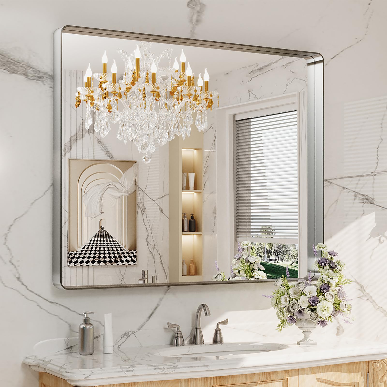 LOAAO Black Metal Framed Bathroom Mirror for Wall, 22X30 Inch Rounded Rectangle Mirror, Matte Black Bathroom Vanity Mirror Farmhouse, Anti-Rust, Hangs Horizontally or Vertically