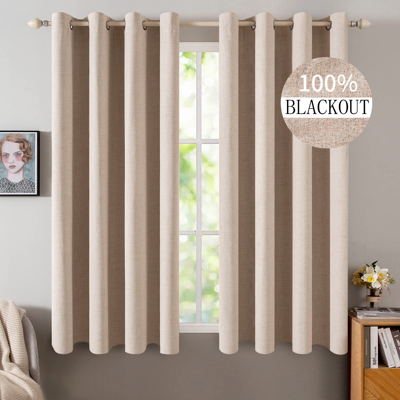 MIULEE 100% Blackout Linen Textured Curtains for Bedroom Solid Thermal Insulated Natural Beige Grommet Room Darkening Curtains & Drapes Luxury Decor for Living Room Nursery 52 x 96 Inch (2 Panels)