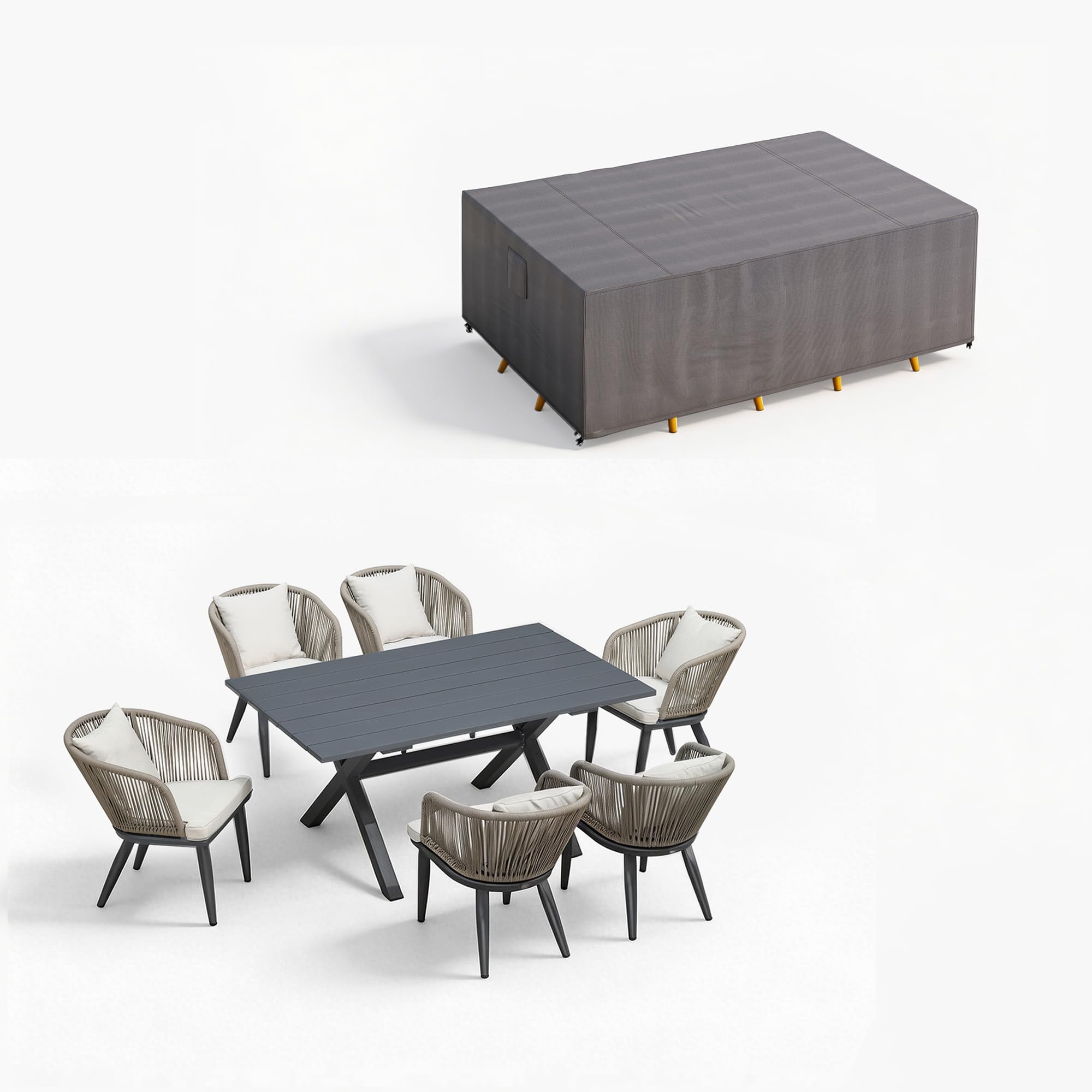 PURPLE LEAF 9 Pieces Patio Dining Set Wicker Outdoor Furniture Rectangular Table and Chairs Set for Garden Deck Teak-Finish Aluminum Frame Backyard Kitchen Set, Cushions and Pillows Included