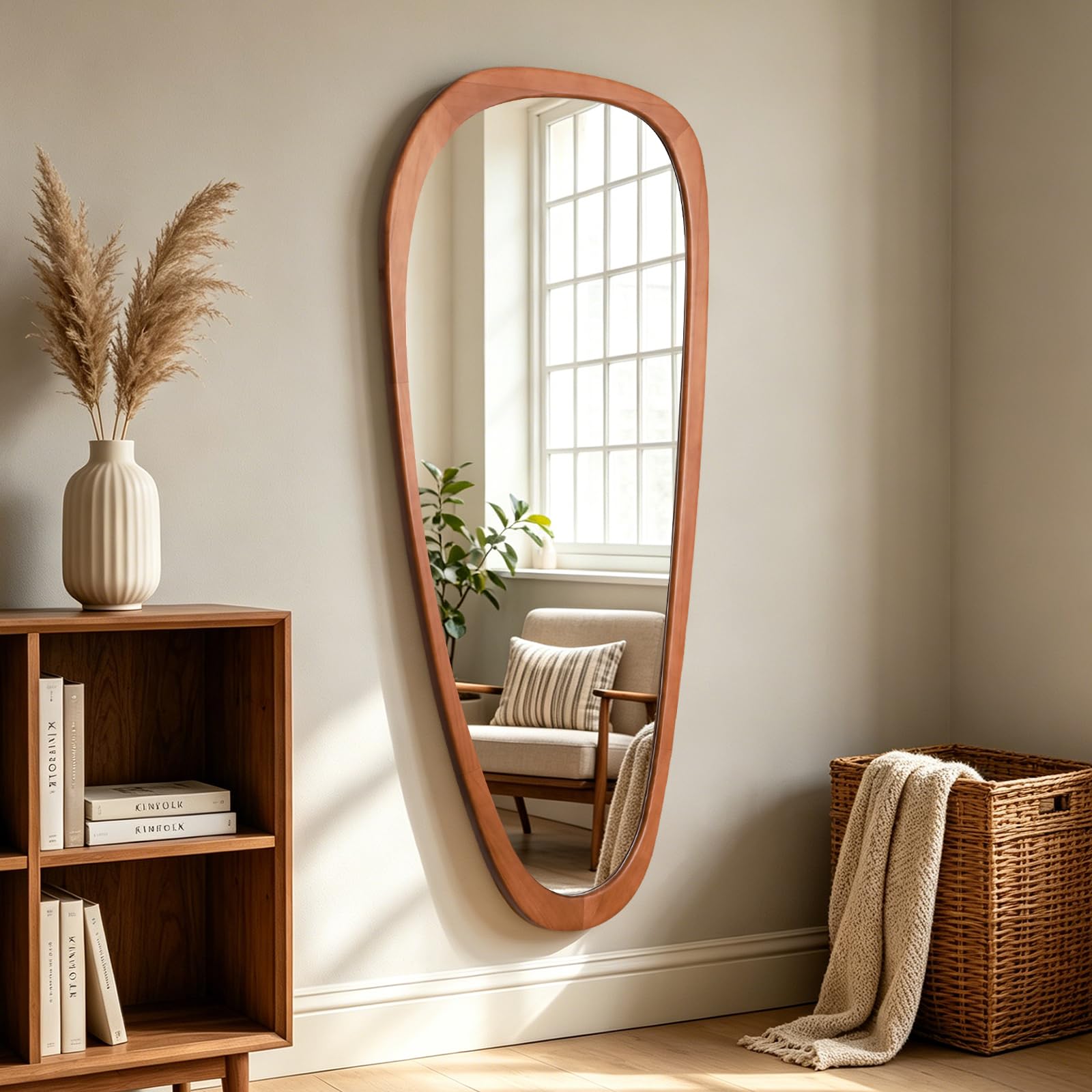 HOMECOOKIN 23.5" H x 19" W Asymmetrical Mirror, Irregular Wooden Wall Mirror for Bedroom, Living Room,Entryway– Mid-Century Modern Decorative Mirror, Solid Wood Frame, Pebble Shaped Design (Walnut)