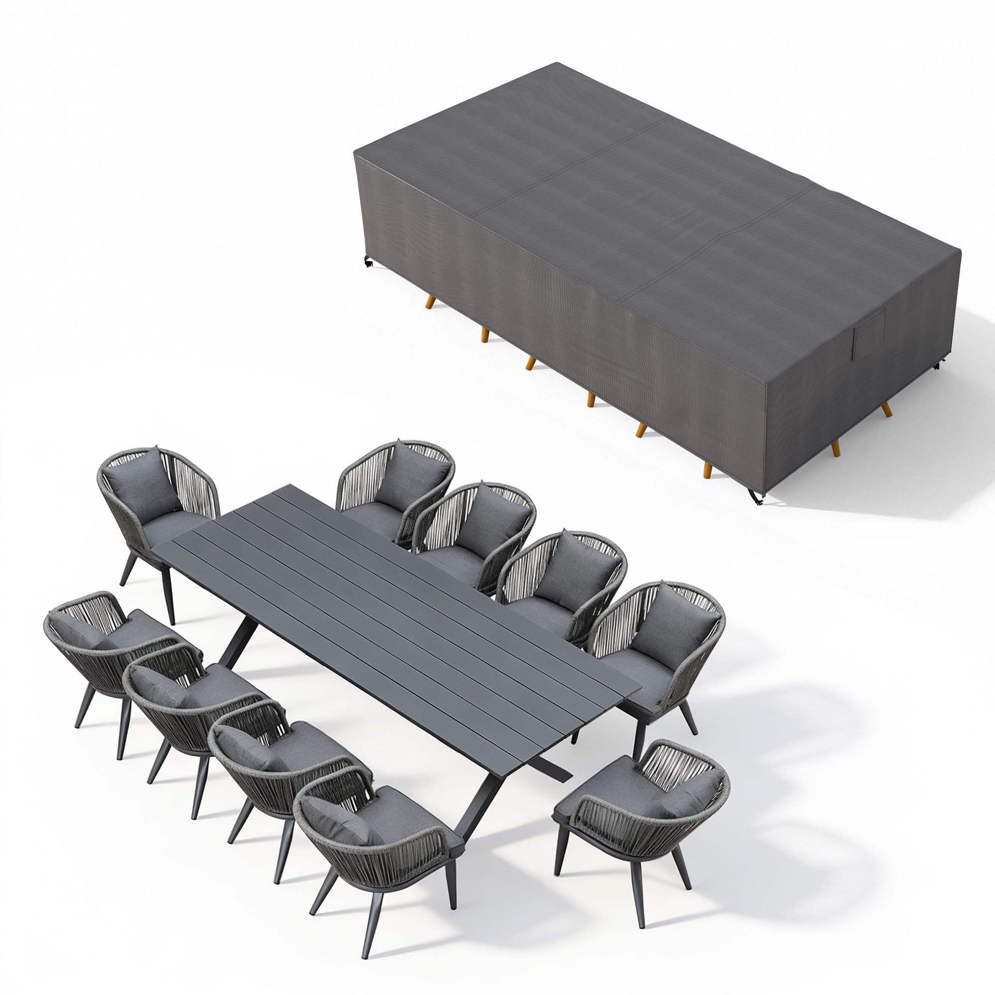 PURPLE LEAF 9 Pieces Patio Dining Set Wicker Outdoor Furniture Rectangular Table and Chairs Set for Garden Deck Teak-Finish Aluminum Frame Backyard Kitchen Set, Cushions and Pillows Included