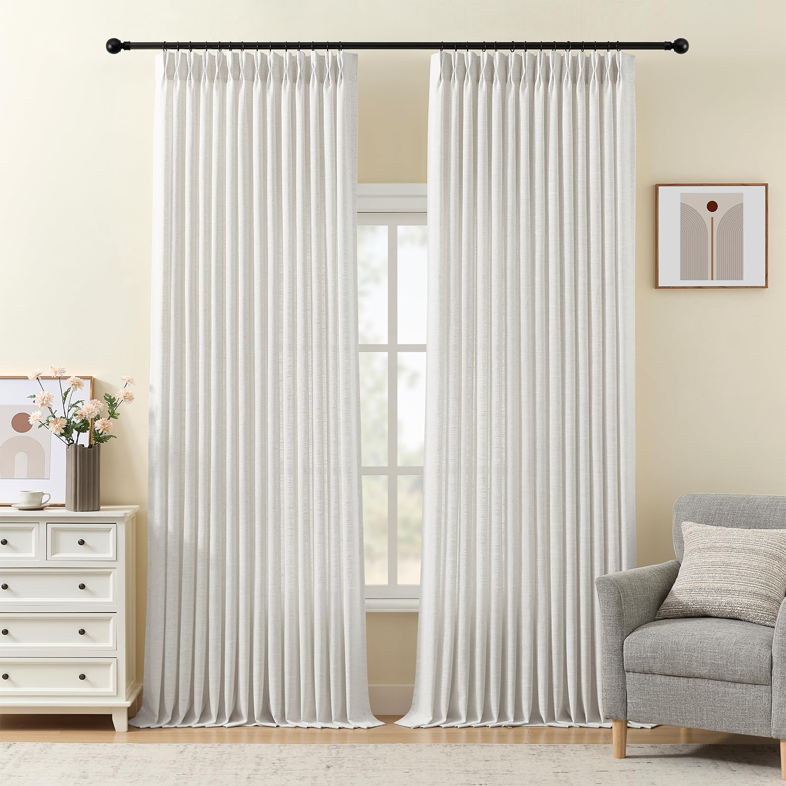 Pinch Pleated Linen Curtains 84 Inch Length 2 Panels Set, Light Filtering Linen Blend Sheer Drapes Memory Trained Pleated Curtain Back Tab with Hooks Rings for Living Room Bedroom, Natural, W40xL84