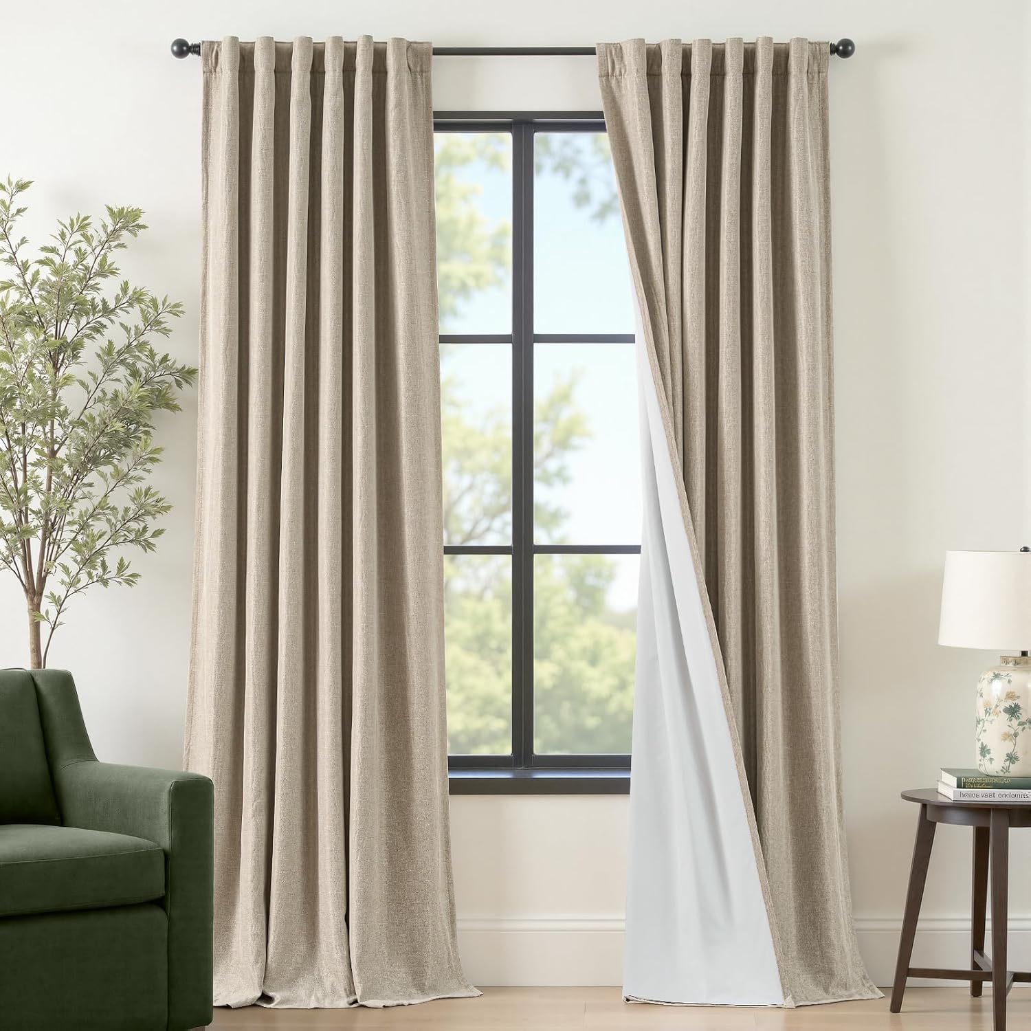 2-Panel Beige Linen-Effect Blackout Curtains, 52"W×96"L, Thermal Lined Polyester Drapes for Living Room & Bedroom