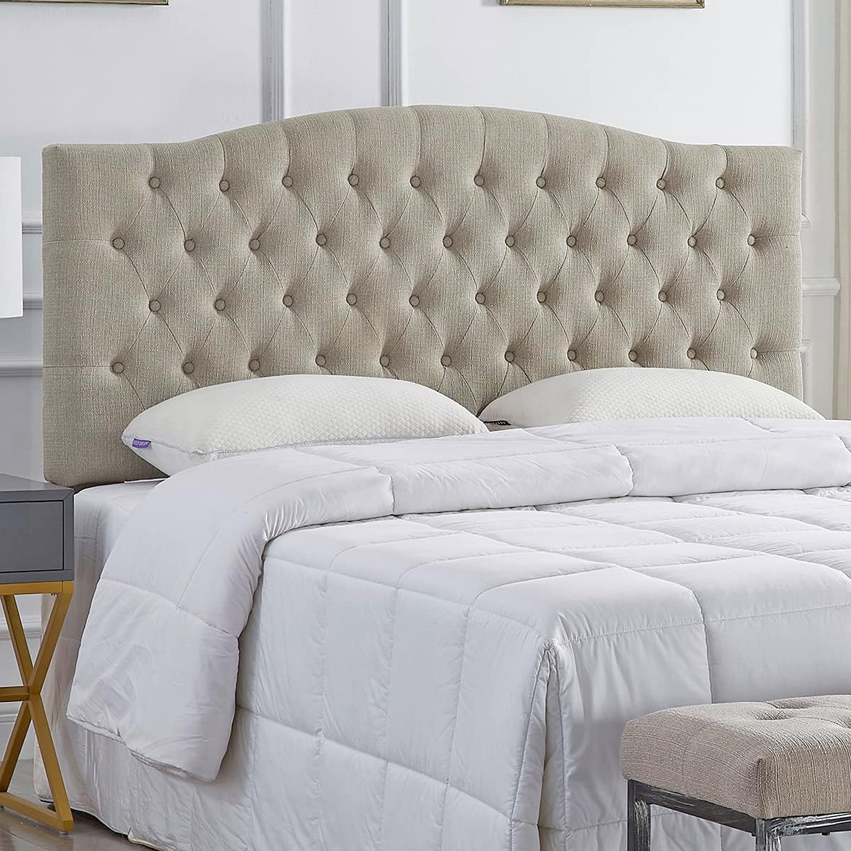 24KF Upholstered Tufted Button Linen Fabric Headboard,Comfortable Fashional Headboard Queen/Full Size,Ivory