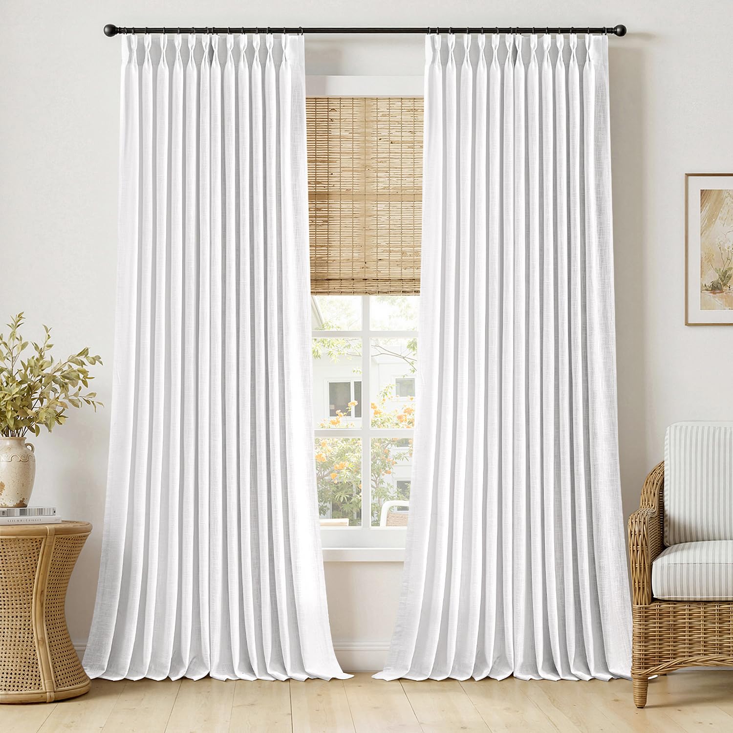 MIULEE Pinch Pleated Thick Linen Curtains 90 Inches Long 2 Panels for Living Room Bedroom, Memory Trained Pinch Pleat Drapes Back Tab Light Filtering Natural Ivory Cream Window Curtains with Hooks