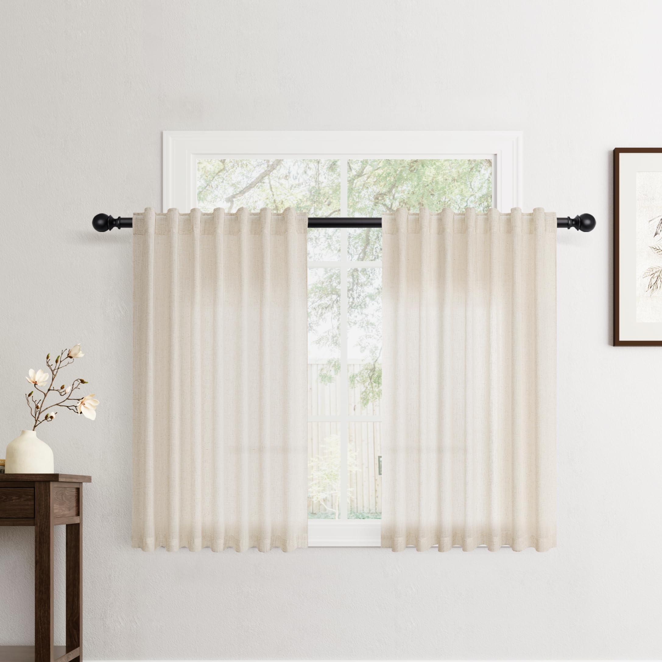 Flax Linen Beige Curtains 96 inches Long 2 Panel for Living Room Back Tab Pocket Drapes Semi Sheer Privacy Khaki Window Curtain Country Rustic Farmhouse Cloth Curtain for Dinning Room Tan