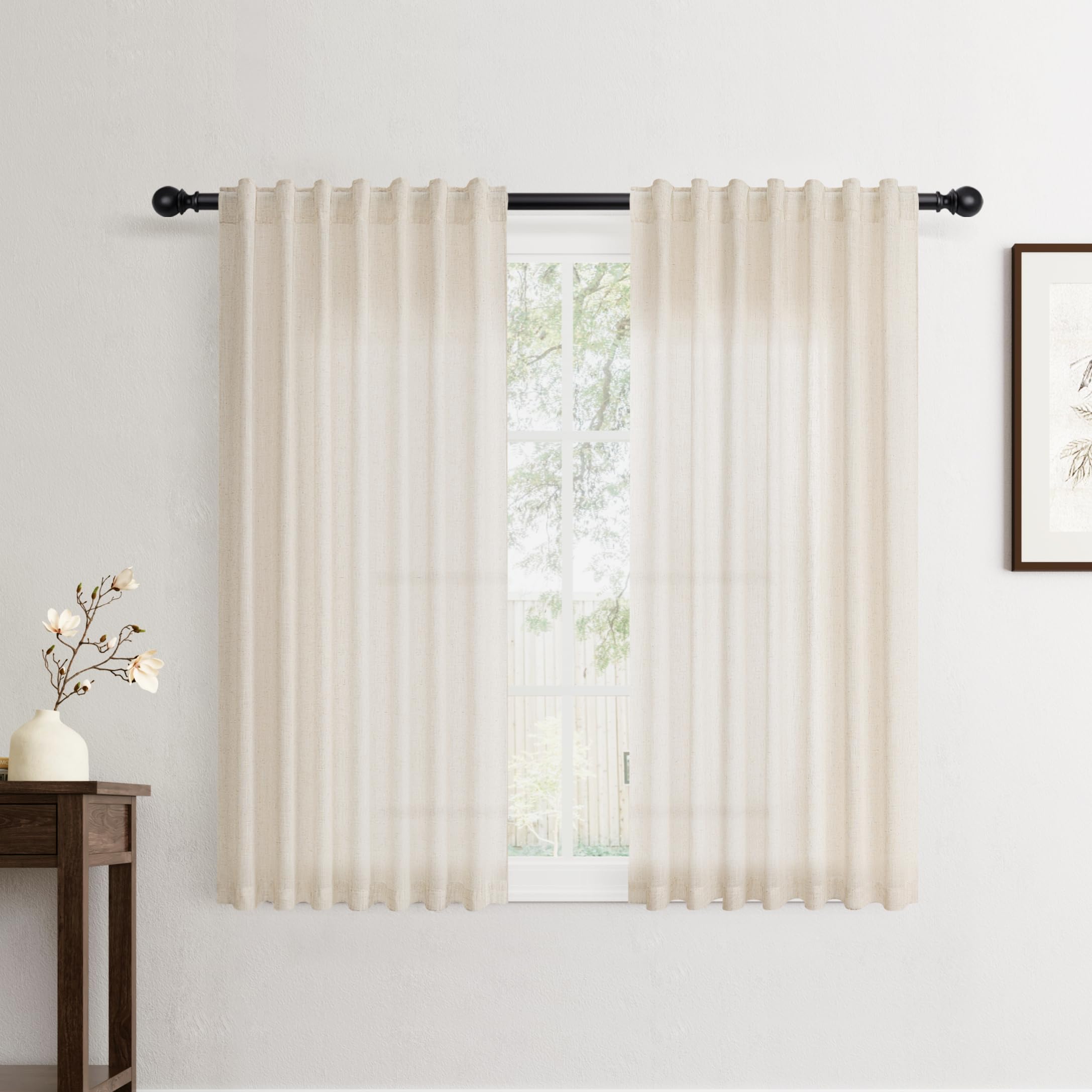 Flax Linen Beige Curtains 96 inches Long 2 Panel for Living Room Back Tab Pocket Drapes Semi Sheer Privacy Khaki Window Curtain Country Rustic Farmhouse Cloth Curtain for Dinning Room Tan