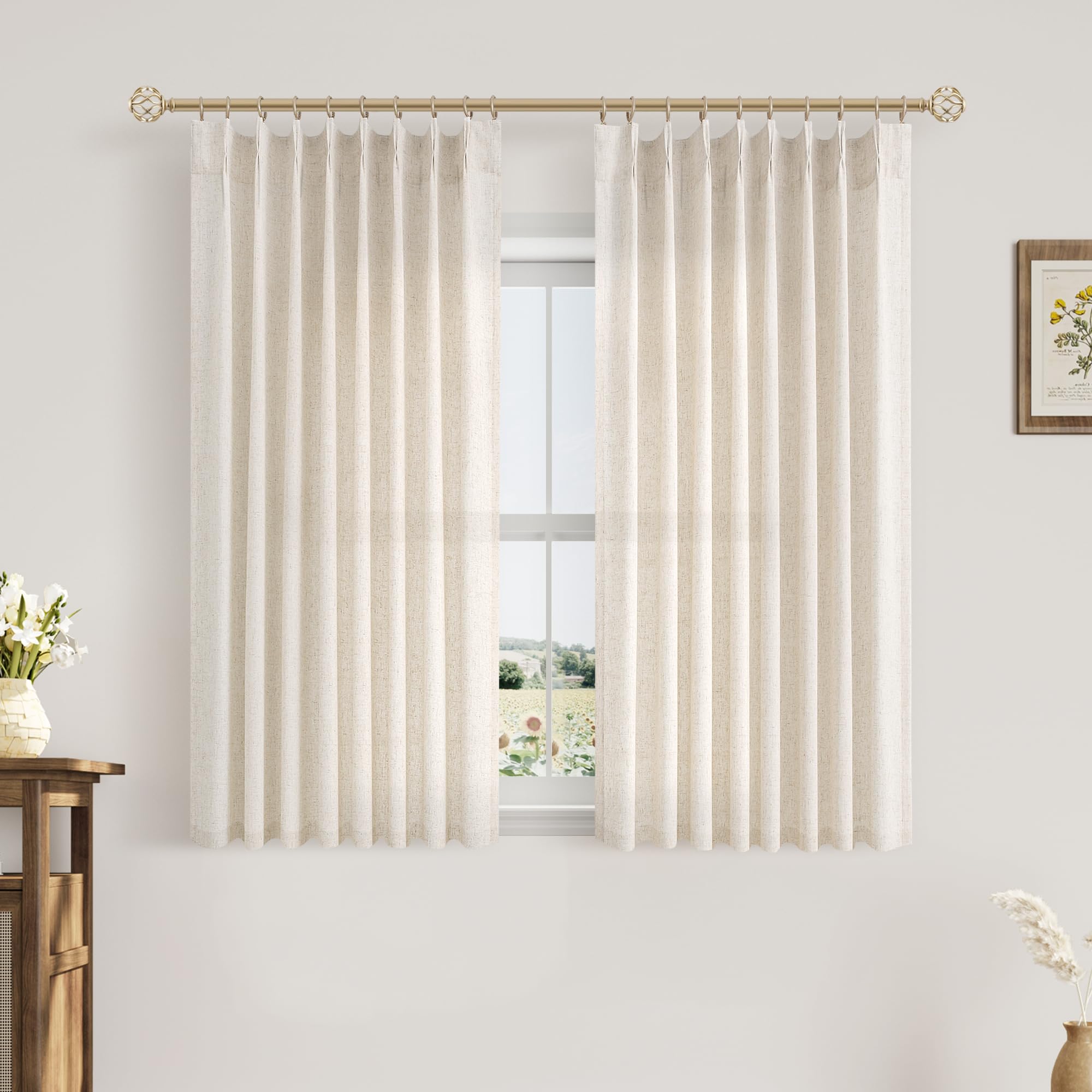 Extra Long Linen Curtains 108 Inch for Living Room Cream Pinch Pleated 9 FT Drapes Semi Sheer Ceiling to Floor Curtain for Bedroom Back Tab Flax Neutral Boho Decor Window, Natural Beige Ivory 2 Panels