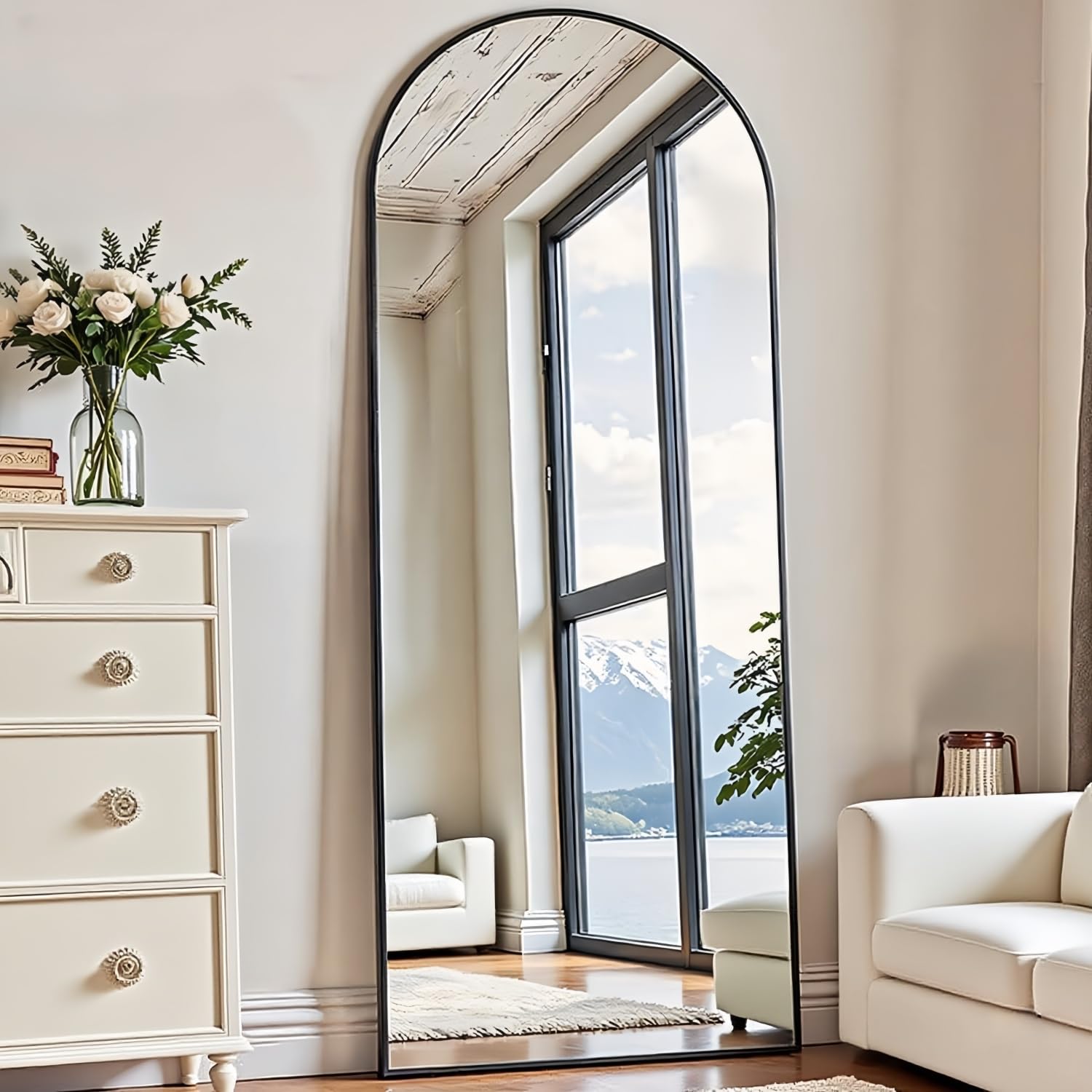 Dewfig Arched Full Length Mirror, 76"x34" Large Floor Mirror, Full Body Mirrors for Leaning or Hanging, Standing Mirrors for Bedroom, Living Room,Dressing Room, Aluminum Alloy Frame, Black