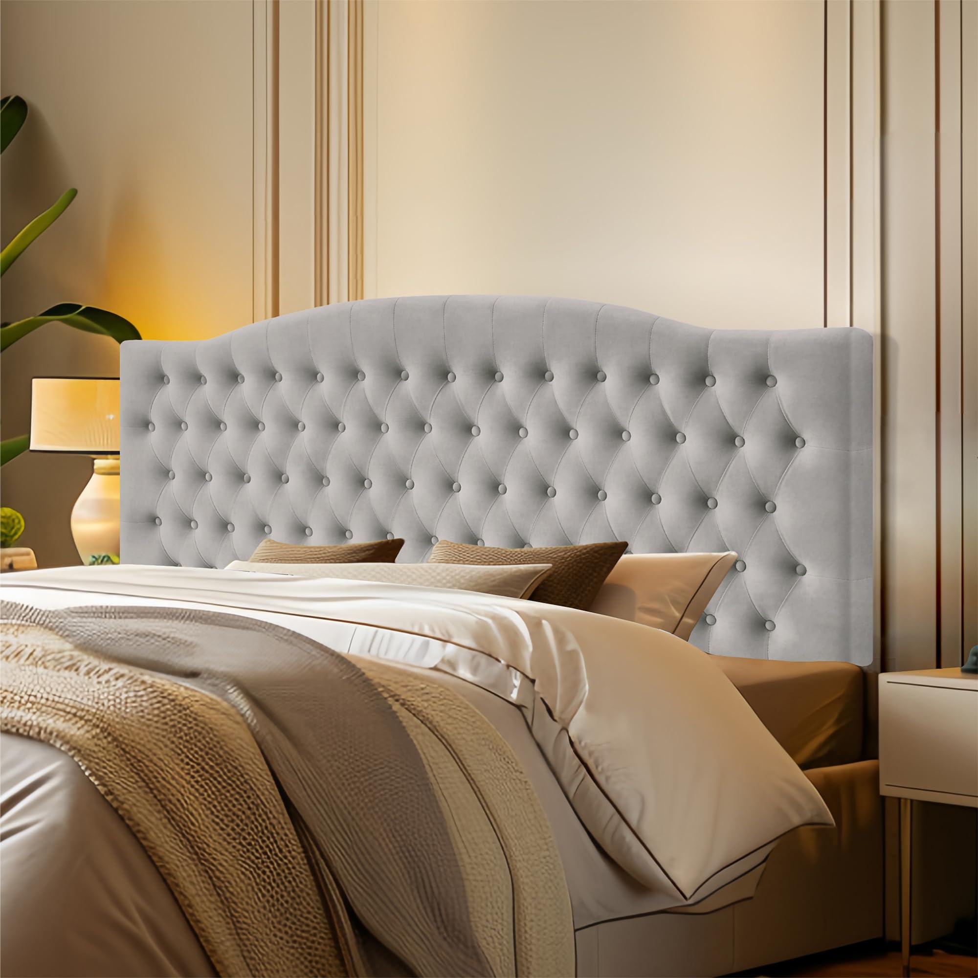 Furpopup Linen Upholstered Headboard Queen/Full Size Bed Tufted Button Headboard, Featuring High-Density Sponge Padding, Luxury Texture Easy Assembly Comfort and Style-Ivory