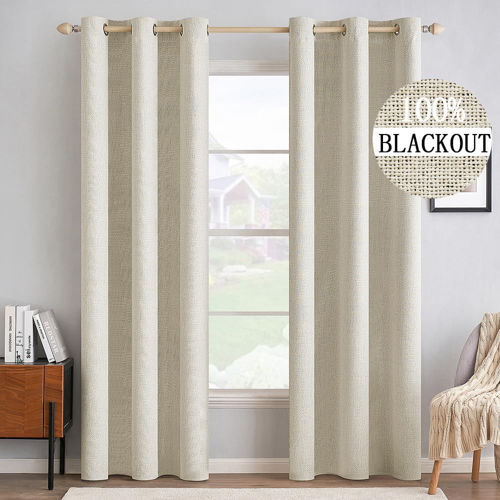 MIULEE 100% Blackout Linen Textured Curtains for Bedroom Solid Thermal Insulated Natural Beige Grommet Room Darkening Curtains & Drapes Luxury Decor for Living Room Nursery 52 x 96 Inch (2 Panels)