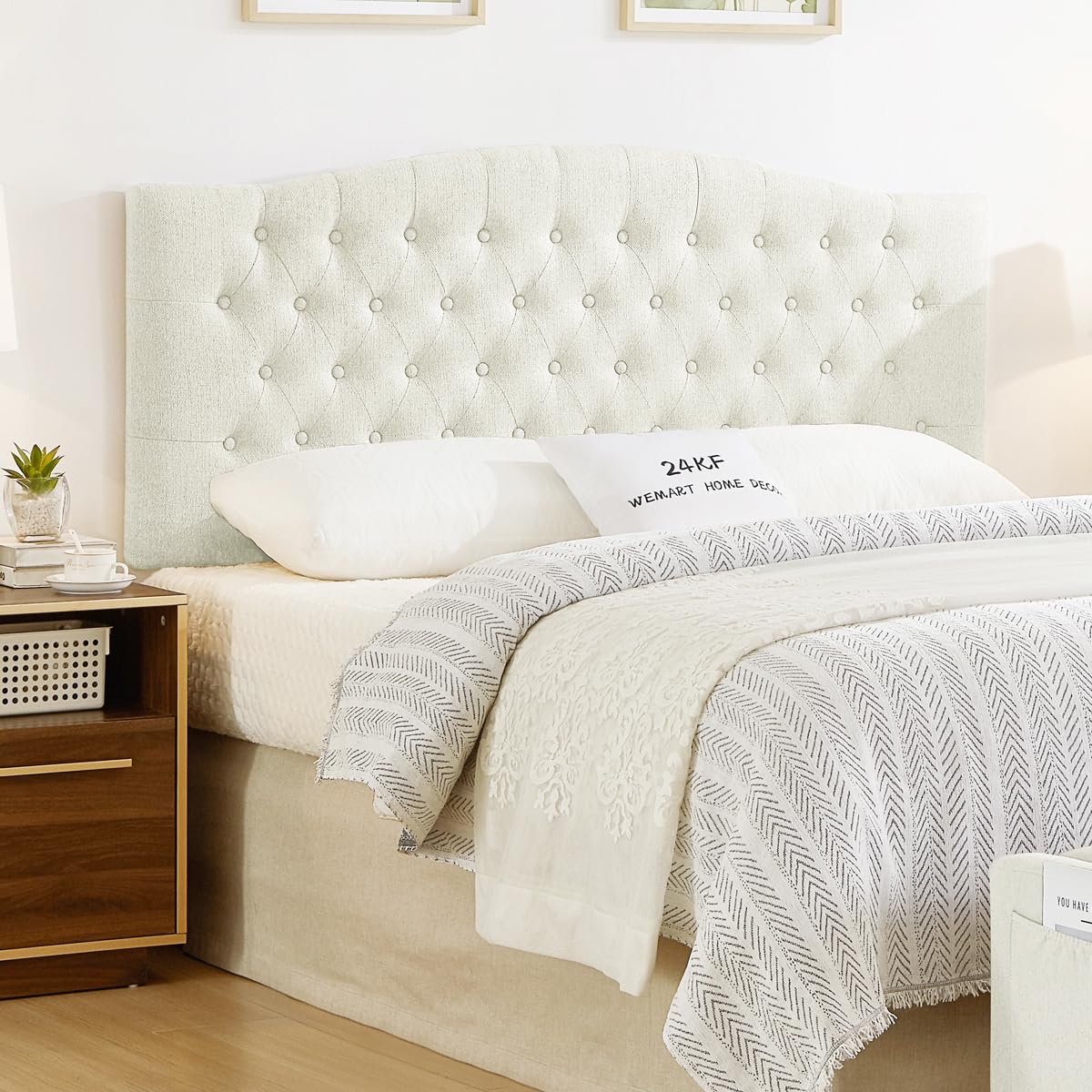 24KF Upholstered Tufted Button Linen Fabric Headboard,Comfortable Fashional Headboard Queen/Full Size,Ivory