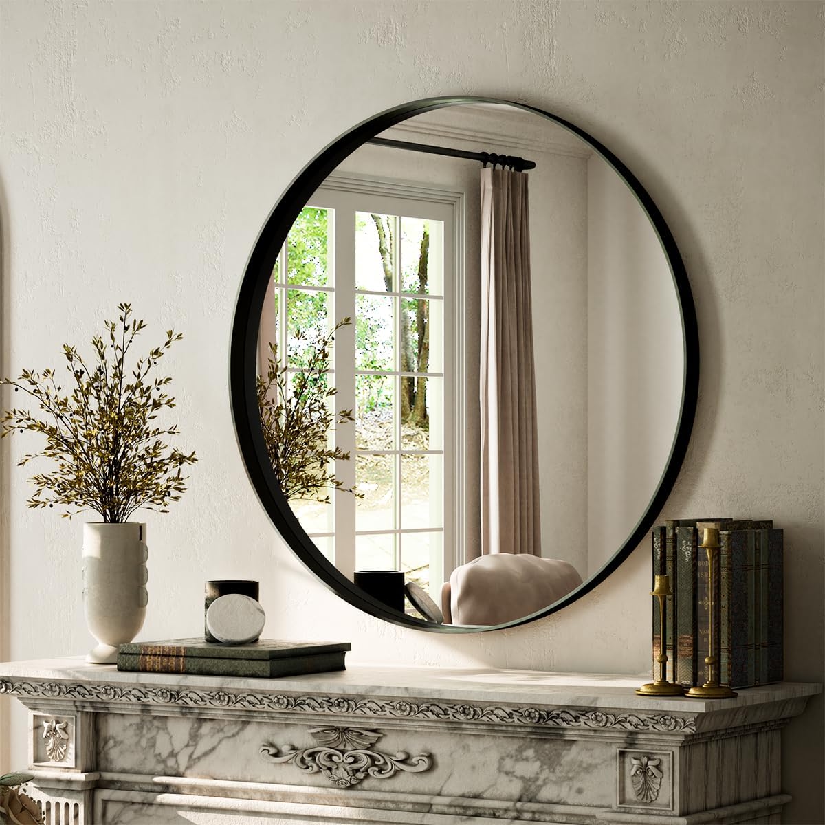 VooBang Bathroom Mirror 24x32 inch, Black Gorgeous Deep Frame Wall Mirror, Modern Round Corner Bathroom Vanity Mirror for Bedroom, Living Room, Hanging or Leaning Horizontal or Vertical, Black