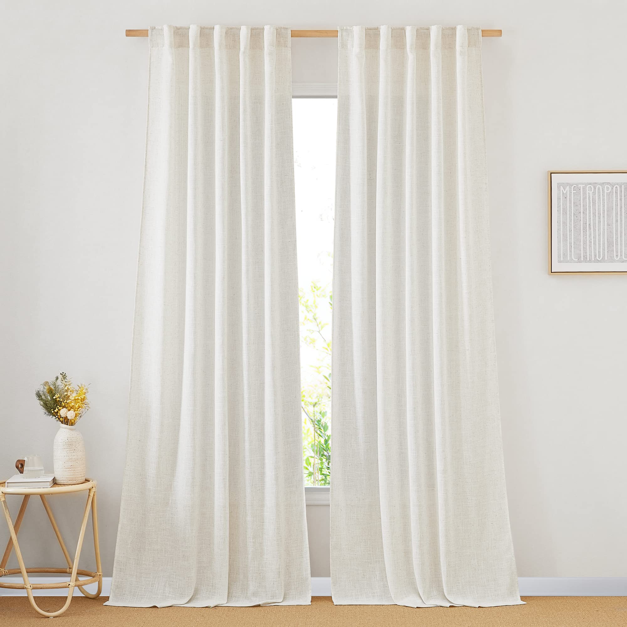 NICETOWN 120 inch Curtains Linen Blend for Bedroom, Rod Pocket & Back Tab Natural Linen Burlap Semi Sheer Window Treatments Privacy with Light Filtering for Living Room, W52 x L120, 2 Panels