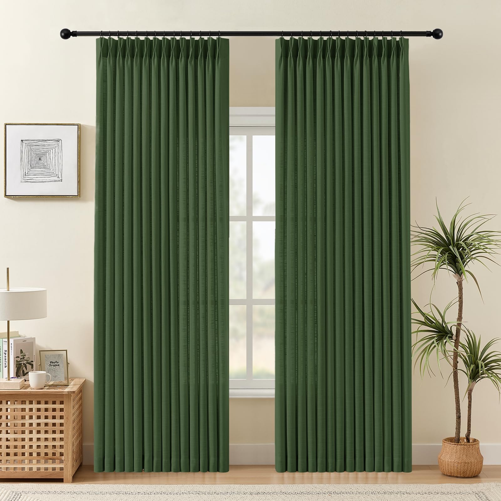 Pinch Pleated Linen Curtains 84 Inch Length 2 Panels Set, Light Filtering Linen Blend Sheer Drapes Memory Trained Pleated Curtain Back Tab with Hooks Rings for Living Room Bedroom, Natural, W40xL84
