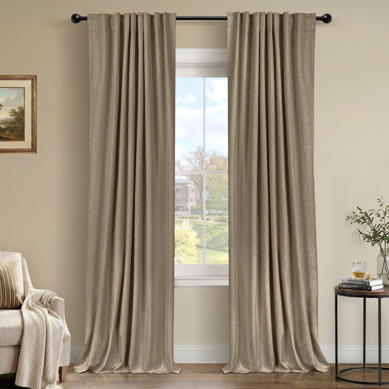 100% Blackout Shield Linen Blackout Curtains for Bedroom 90 Inches Long, Back Tab/Rod Pocket Living Room Drapes, Thermal Insulated Blackout Curtains 2 Panels Set, 50" W x 90" L,Cream