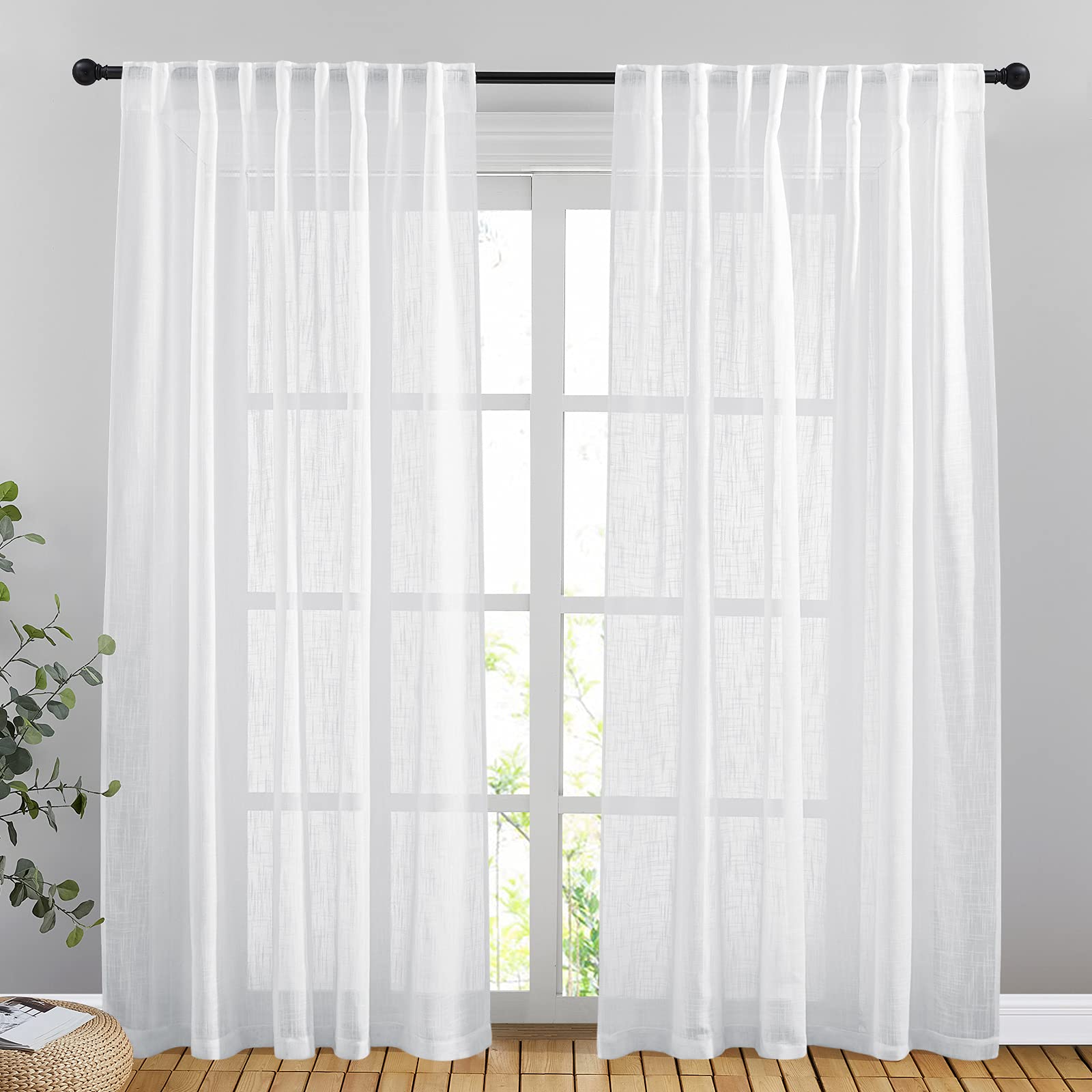 NICETOWN 120 inch Curtains Linen Blend for Bedroom, Rod Pocket & Back Tab Natural Linen Burlap Semi Sheer Window Treatments Privacy with Light Filtering for Living Room, W52 x L120, 2 Panels