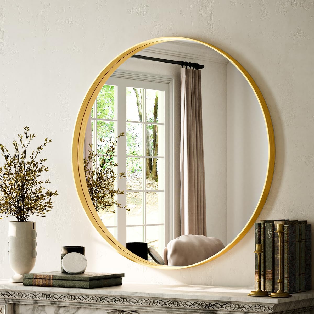 VooBang Bathroom Mirror 24x32 inch, Black Gorgeous Deep Frame Wall Mirror, Modern Round Corner Bathroom Vanity Mirror for Bedroom, Living Room, Hanging or Leaning Horizontal or Vertical, Black