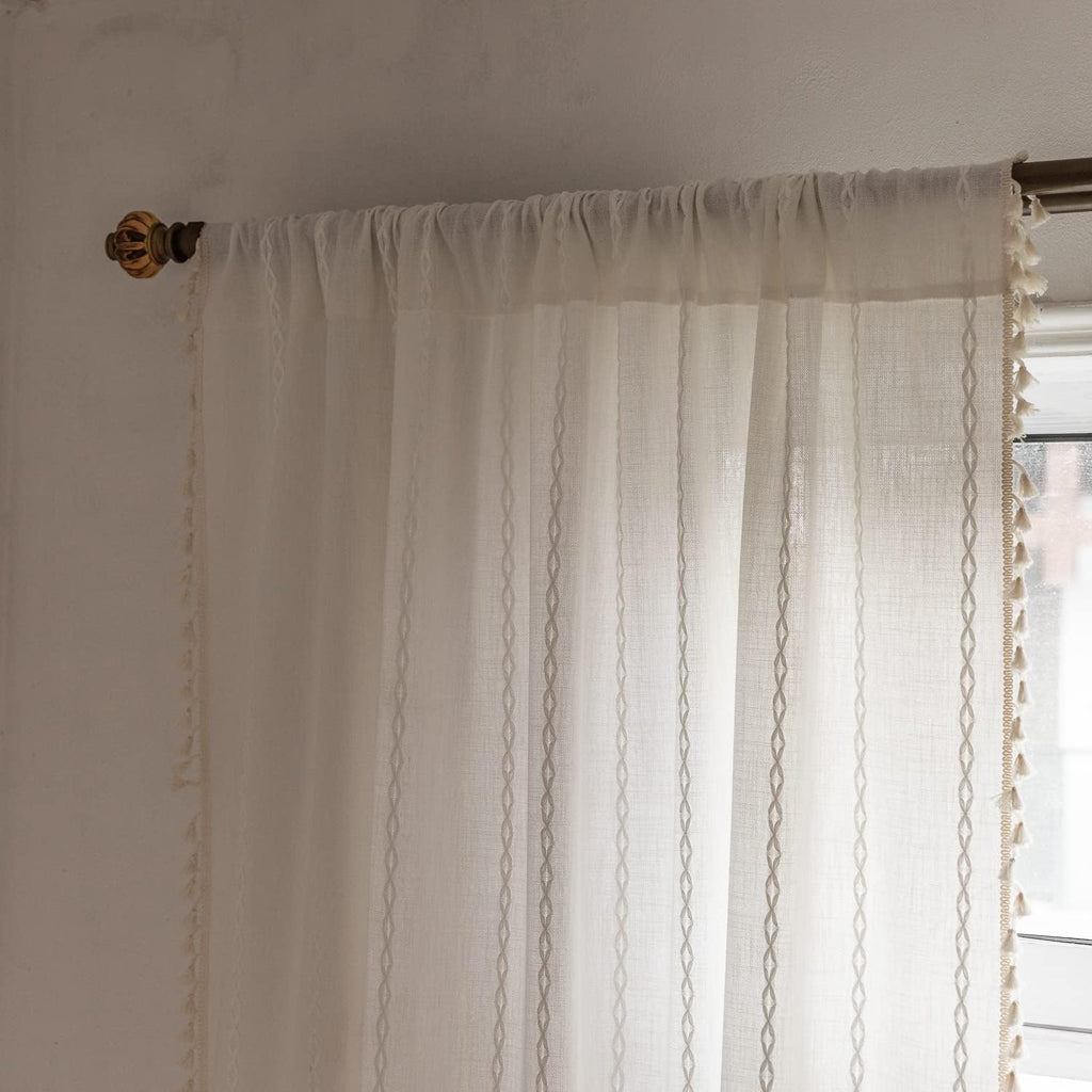 Boho Curtains Semi-Blackout 84 Inch 2 Panels for Living Room, Linen Tassels Farmhouse Curtains with Embroidery for Bedroom Rod Pocket Draperies 52" W x 84" L, Off White
