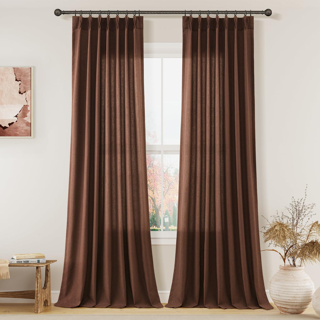 Extra Long Linen Curtains 108 Inch for Living Room Cream Pinch Pleated 9 FT Drapes Semi Sheer Ceiling to Floor Curtain for Bedroom Back Tab Flax Neutral Boho Decor Window, Natural Beige Ivory 2 Panels
