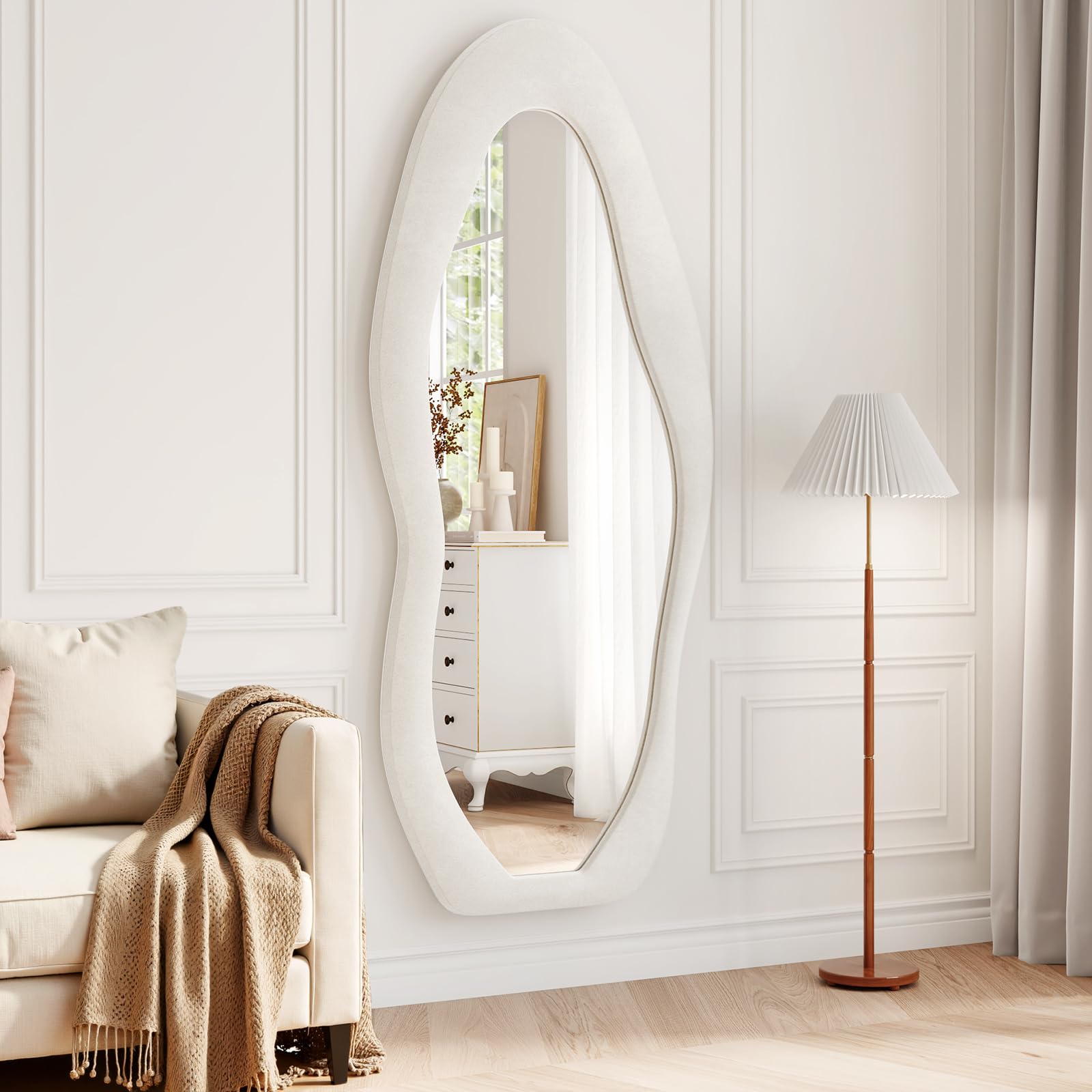 Irregular Full Length Mirror, 63"x24" Flannel Full Body Mirrors, Velvet Floor Mirrors with Stand, Irregular Wavy Mirror Hanging or Leaning Against Wall for Bedroom Living Room, Brown